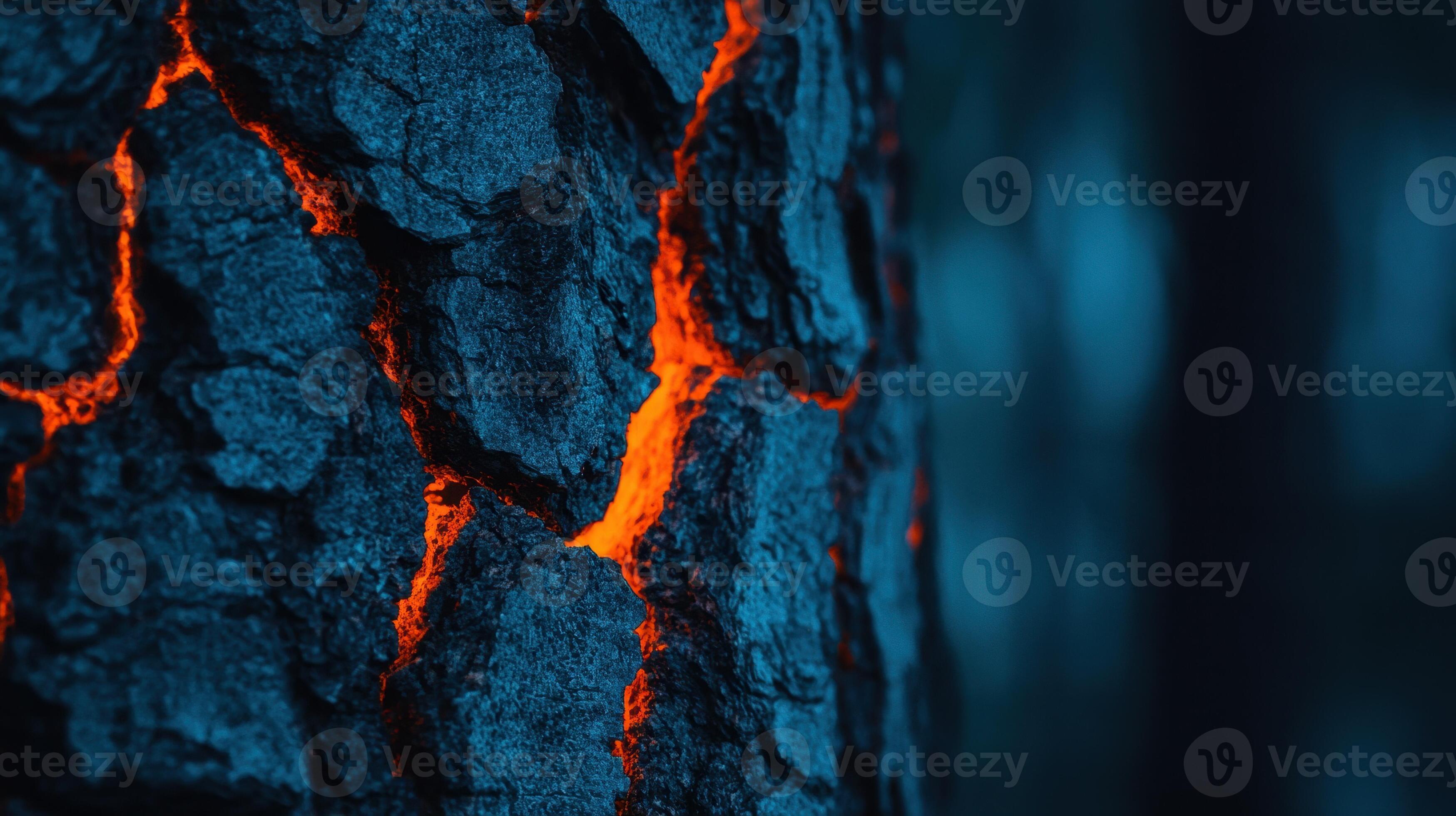 3497x1960 Glowing Lava like Cracks in Dark Blue Tree Bark Texture Background