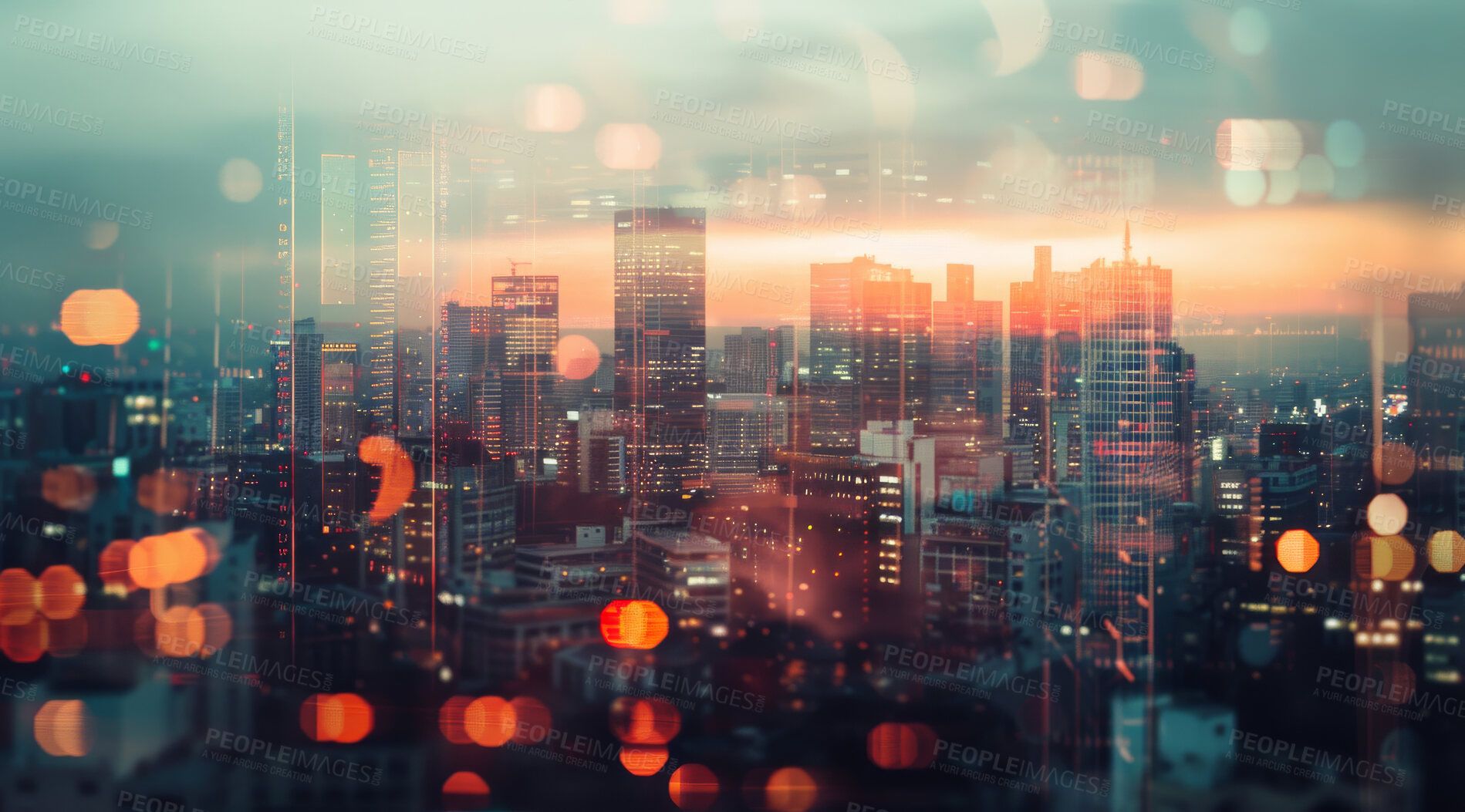 1899x1053 Abstract, architecture and building background with double exposure effect for finance, trading or business. Bokeh, lights and sunset cityscape wallpaper for corporate, marketing and big data. Buy on PeopleImages