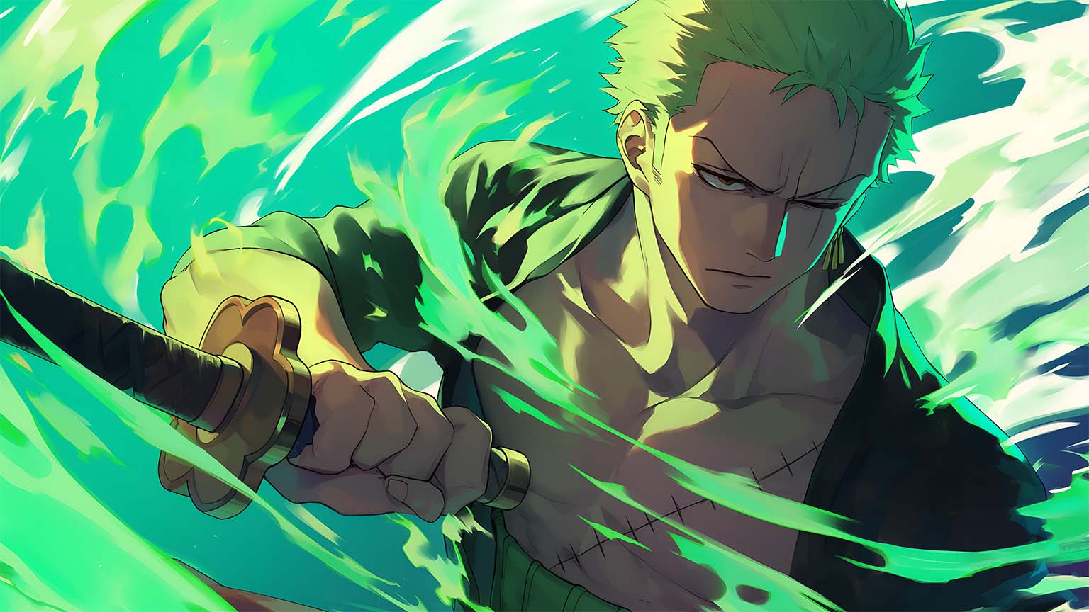 1536x864 Zoro Green Flame Sword Strike Epic Anime Desktop Wallpaper 4K