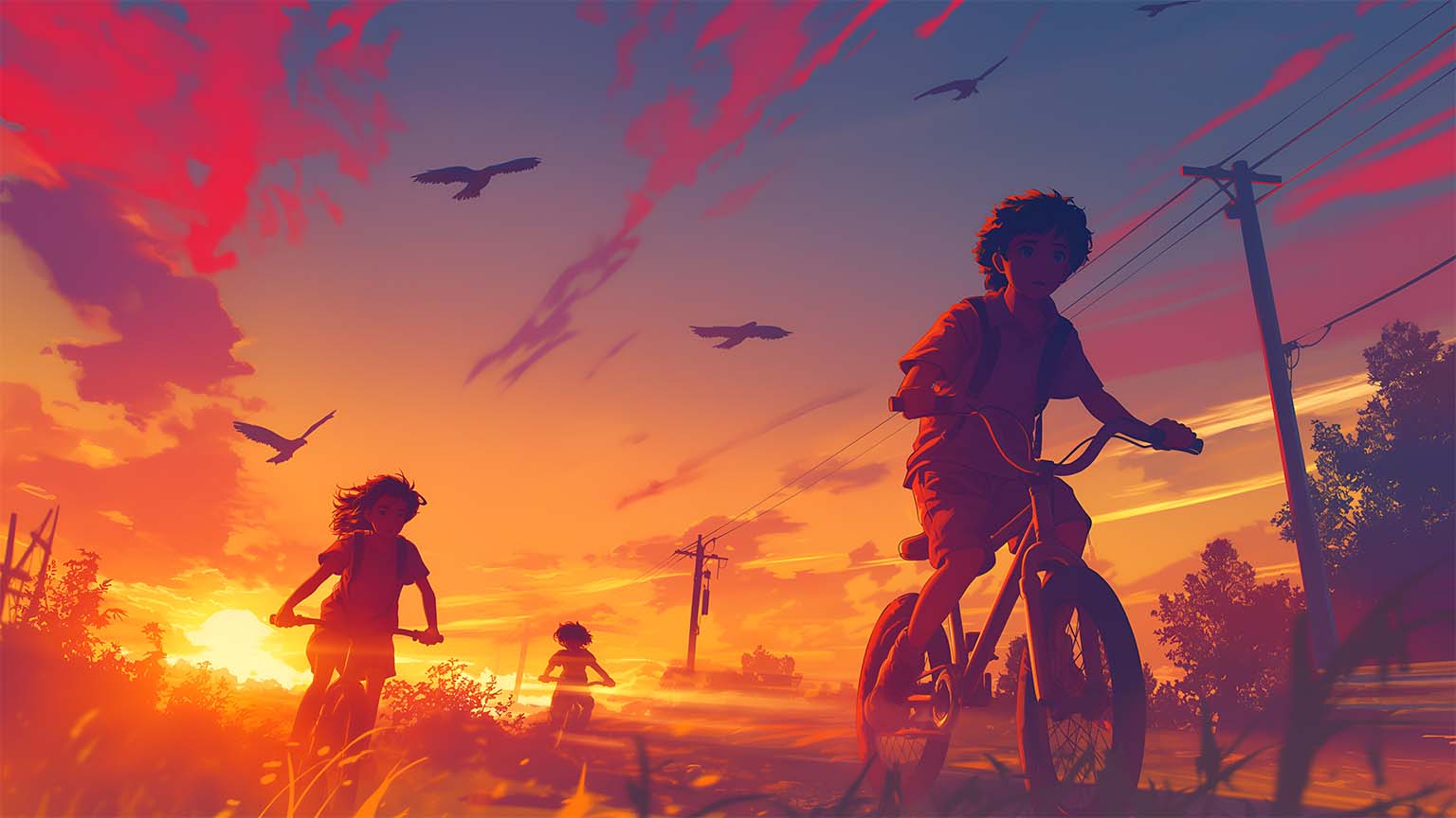1536x864 Kids Biking Sunset Scene PC Wallpaper 4K