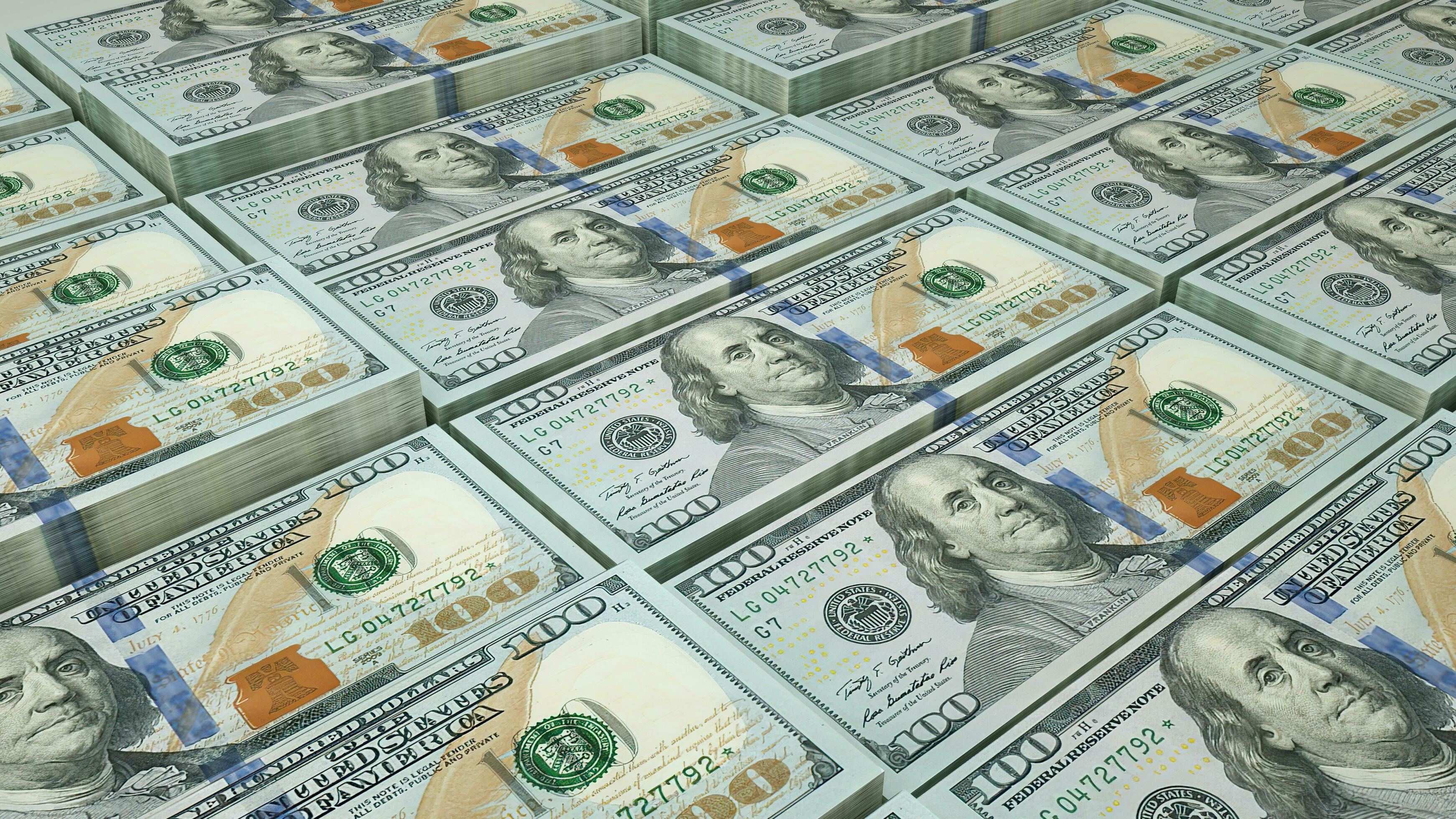 3484x1960 Dollar Stacks of New 100 US Dollar Banknotes dollar bundles money printing inflation