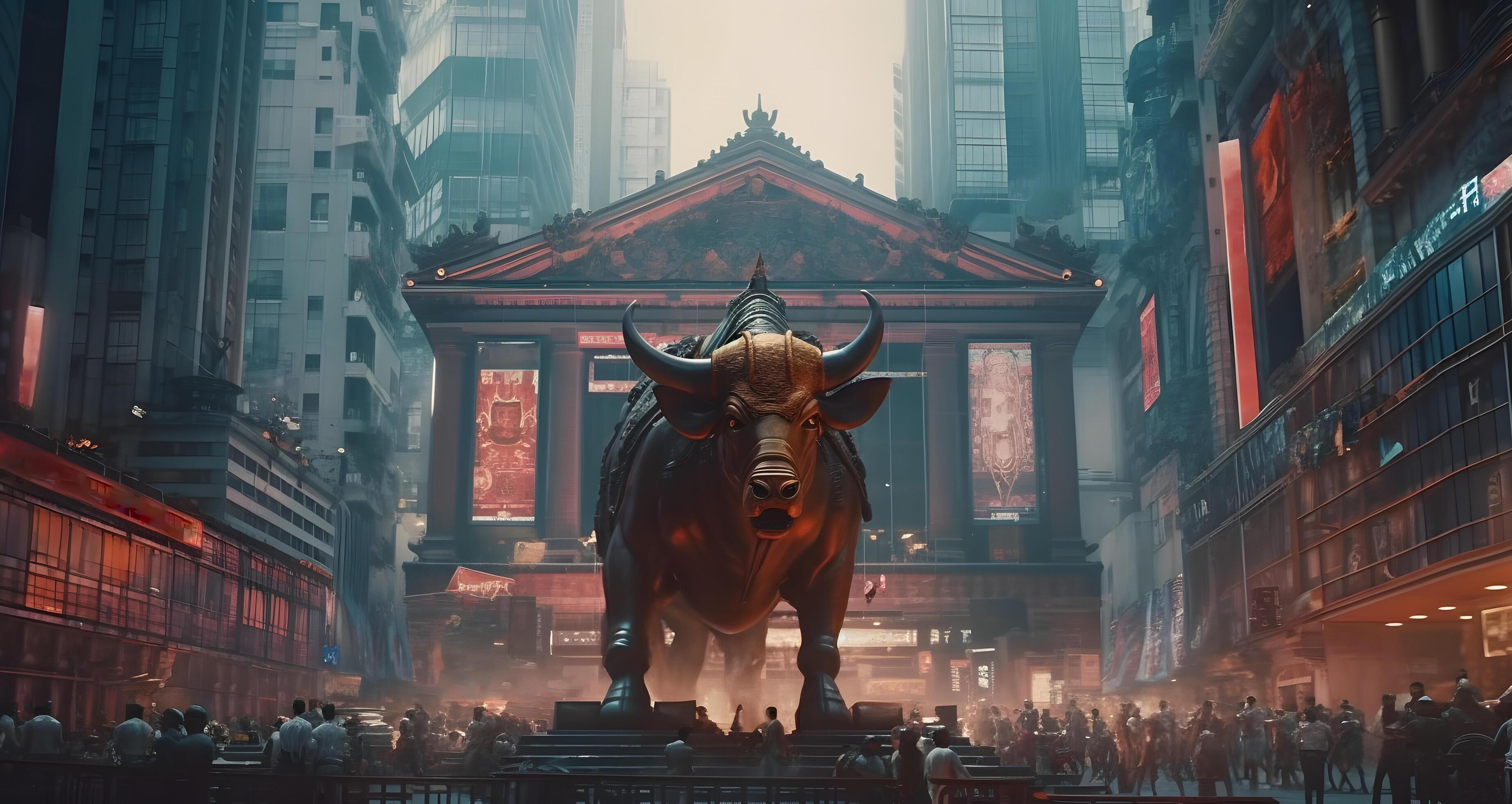 3688x1960 Bull with background of central bank. Concept of bullish market