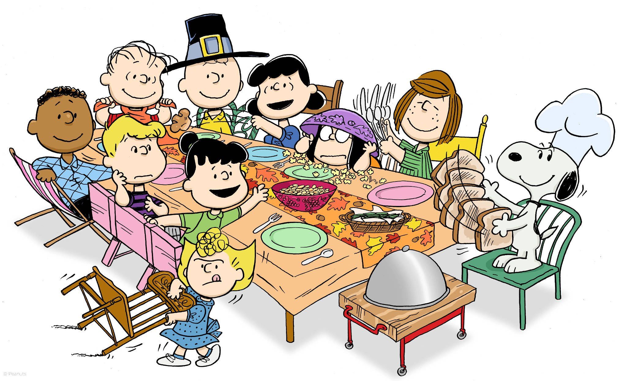 2048x1247 Download Peanuts Gang Thanksgiving Meal Art Wallpaper