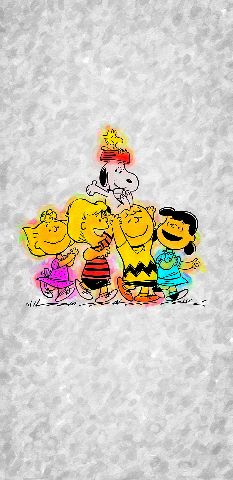 800x1644 Peanuts Gang, charlie brown, lucy, sally, shroeder, snoopy, steve chavez, woodstock, HD phone wallpaper