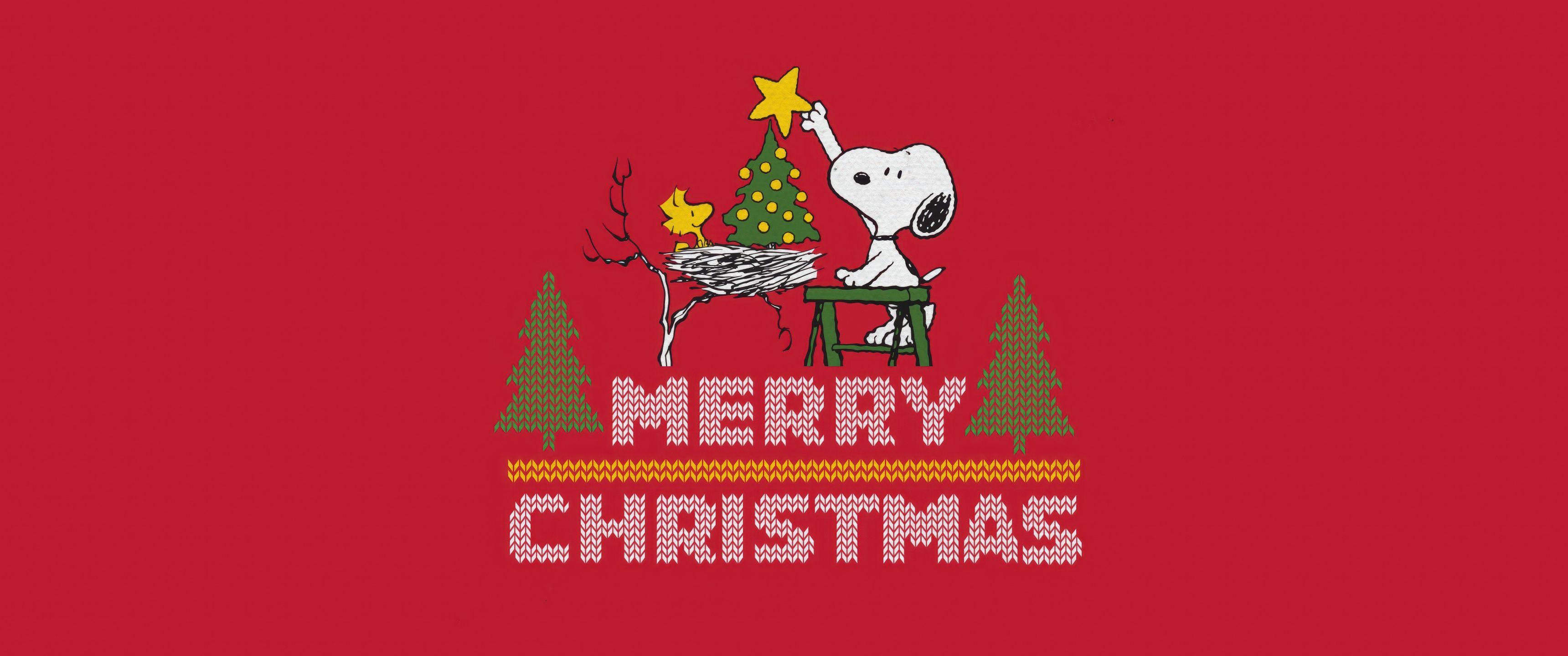 3440x1440 Snoopy Wallpaper 4K, Merry Christmas, Red background