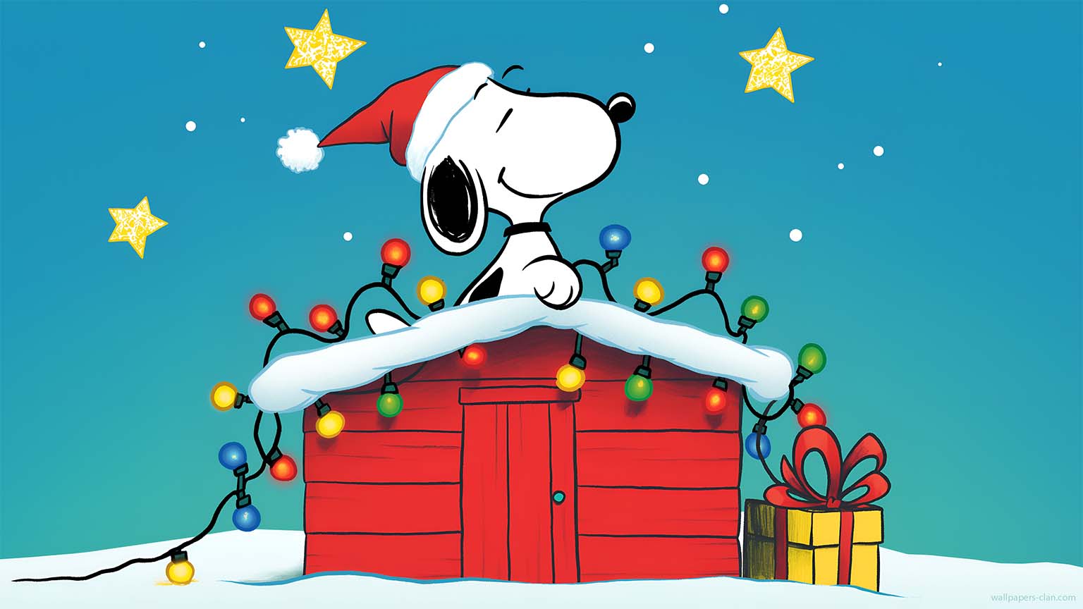 1536x864 Snoopy Christmas Decorated Doghouse PC Wallpaper