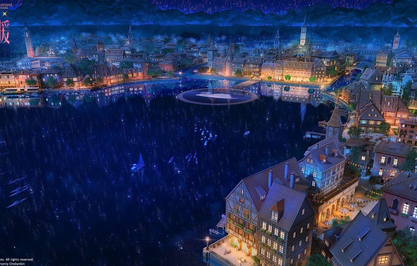 1332x850 Photo Wallpaper Night, The City, Lake, Anime Anime