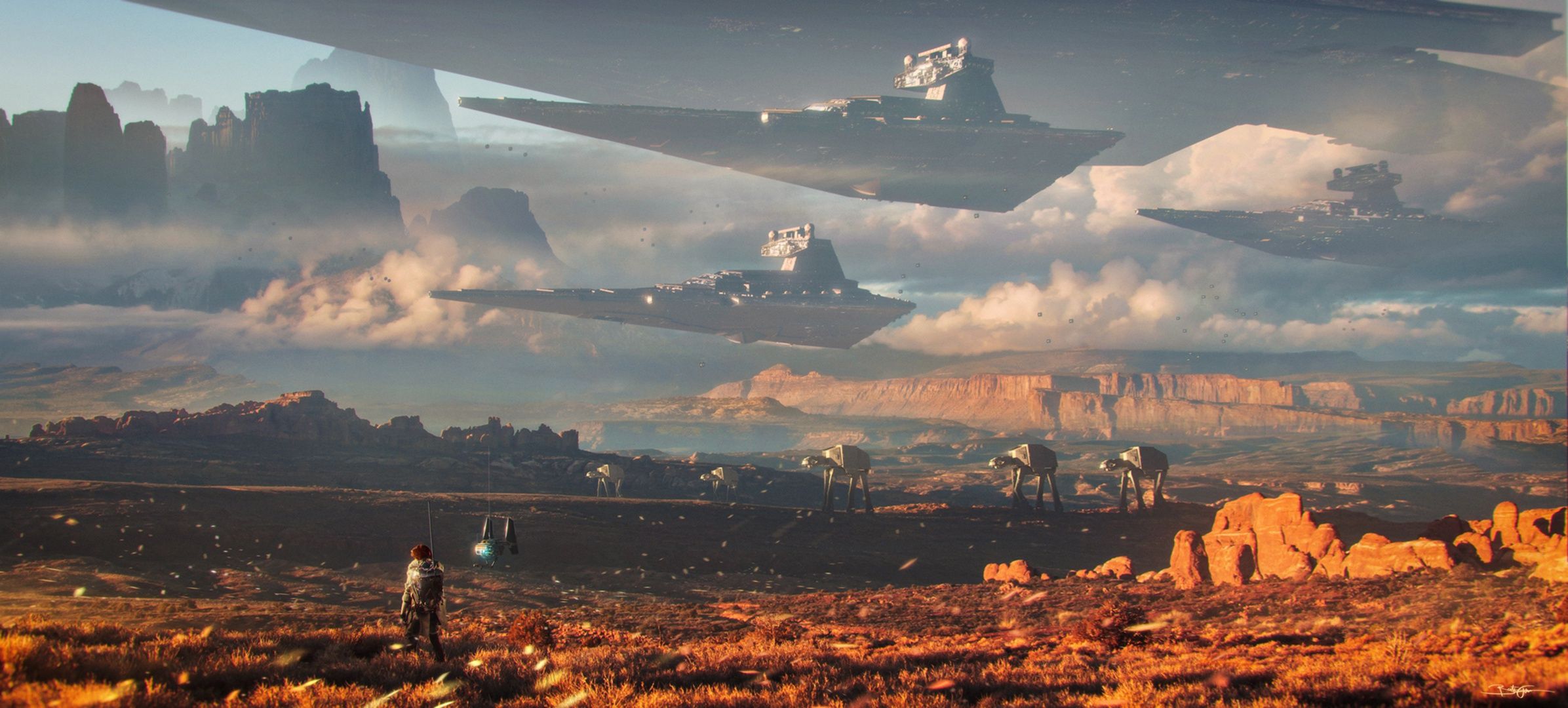 2392x1080 Desktop wallpaper: Spaceship, Star Destroyer, Landscape, Star Wars, Sci Fi, At At Walker 4K free download for PC. 413588