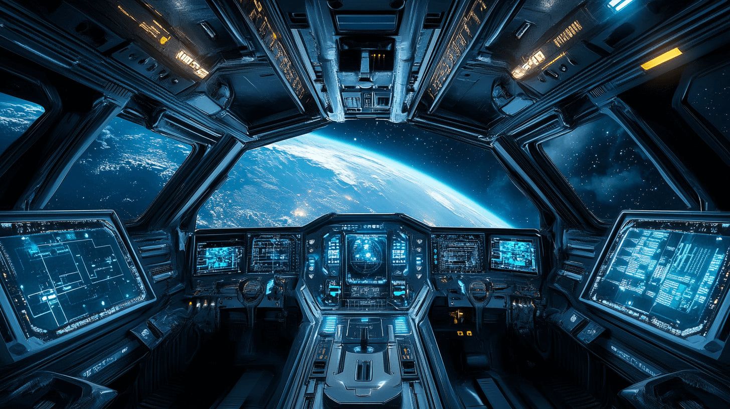 1456x816 Space Mural Wallpaper. Futuristic Spacecraft Cockpit View