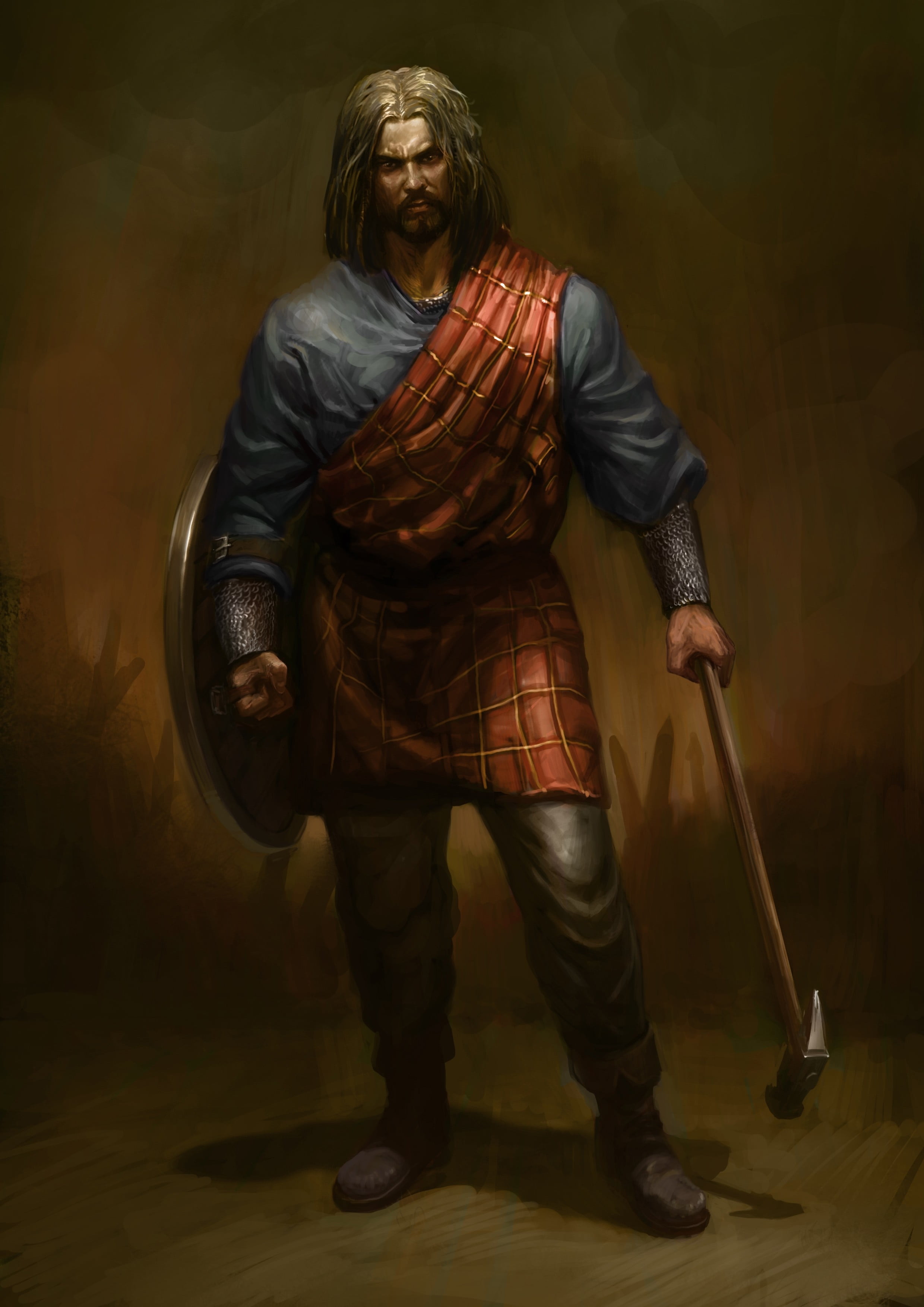 2480x3508 Man holding axe and shield painting, ancient, old, warrior, fantasy art HD wallpaper