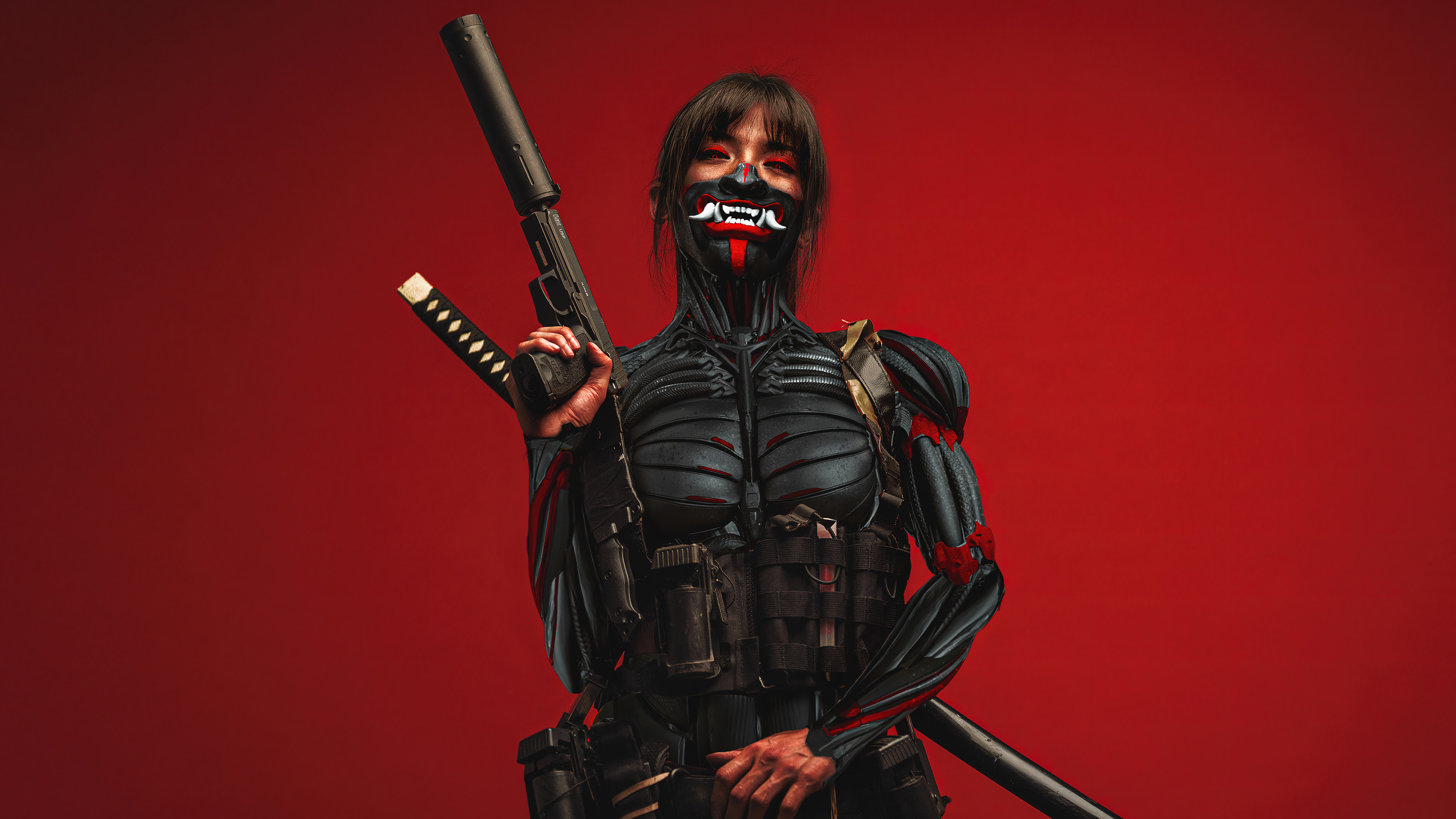 3840x2160 Cyberpunk Samurai Girl Oni Mask CGI Wallpaper iPhone Phone 4K f