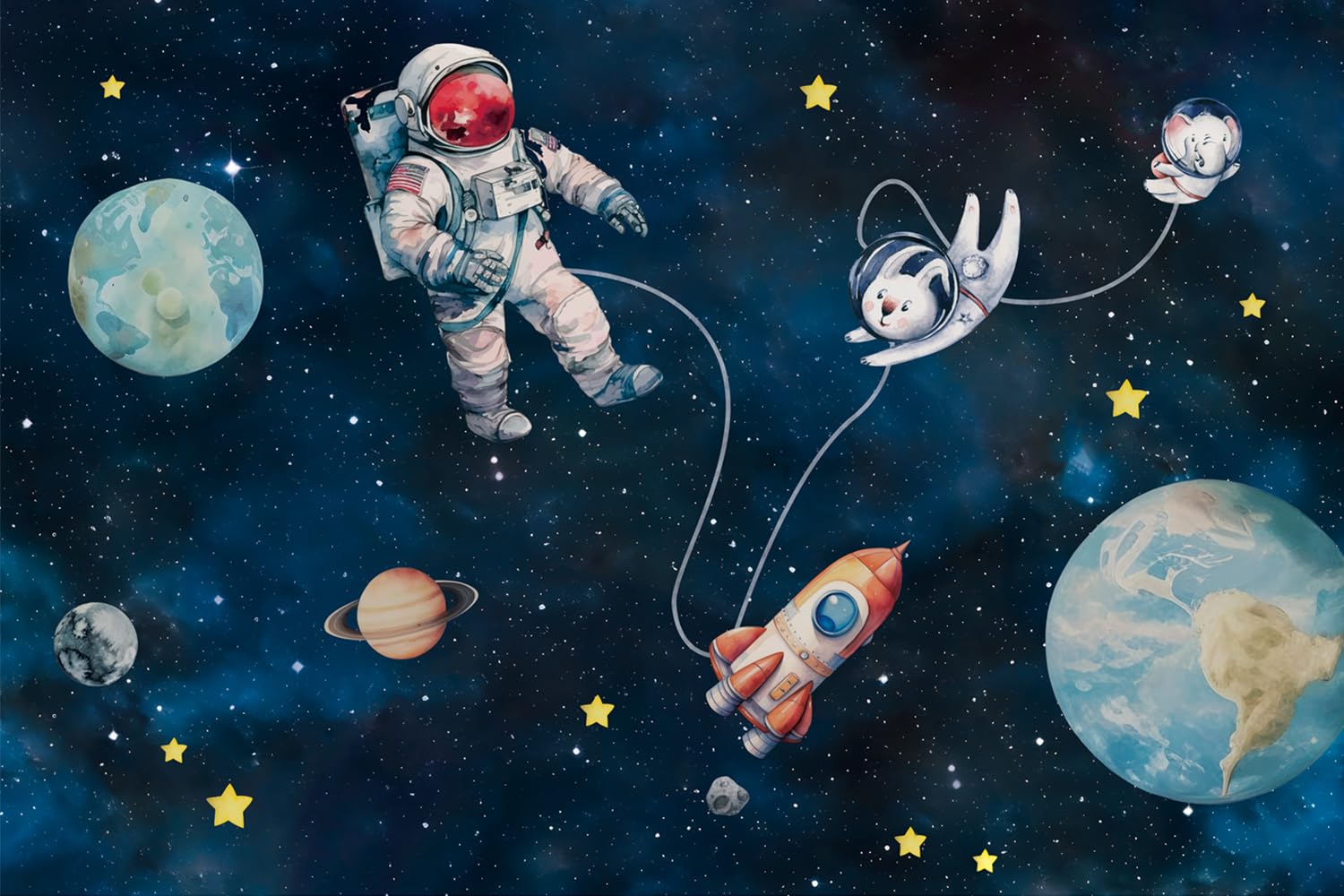 1500x1000 FWIEXA Children Astronaut Earth Wallpaper, Cartoon Rocket Rabbit Wall Mural, Outer Space Planet Mural Wallpaper, Kids Moon Aerospace Wallcovering Living Room, Bedroom (Not Peel n' Stick)