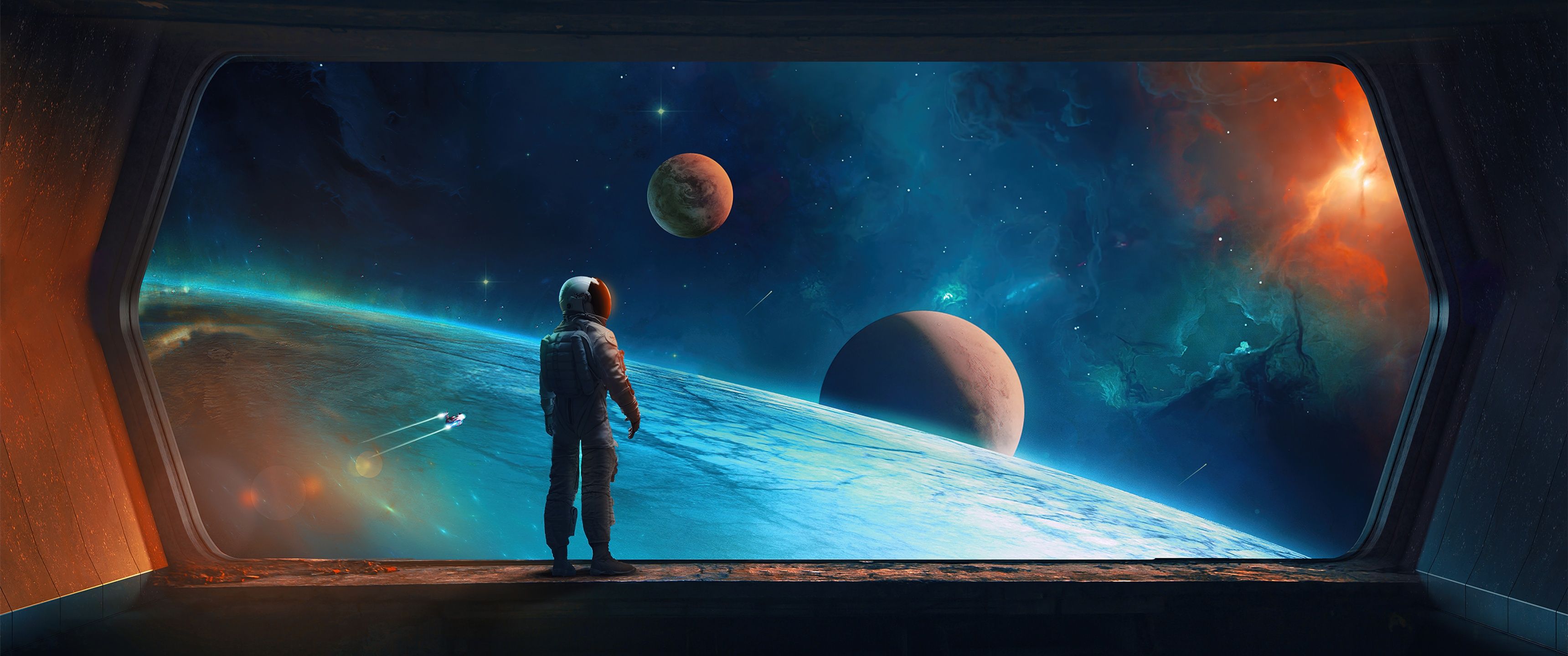 3440x1440 Astronaut Wallpaper 4K, Digital Art, Planets, Spaceship