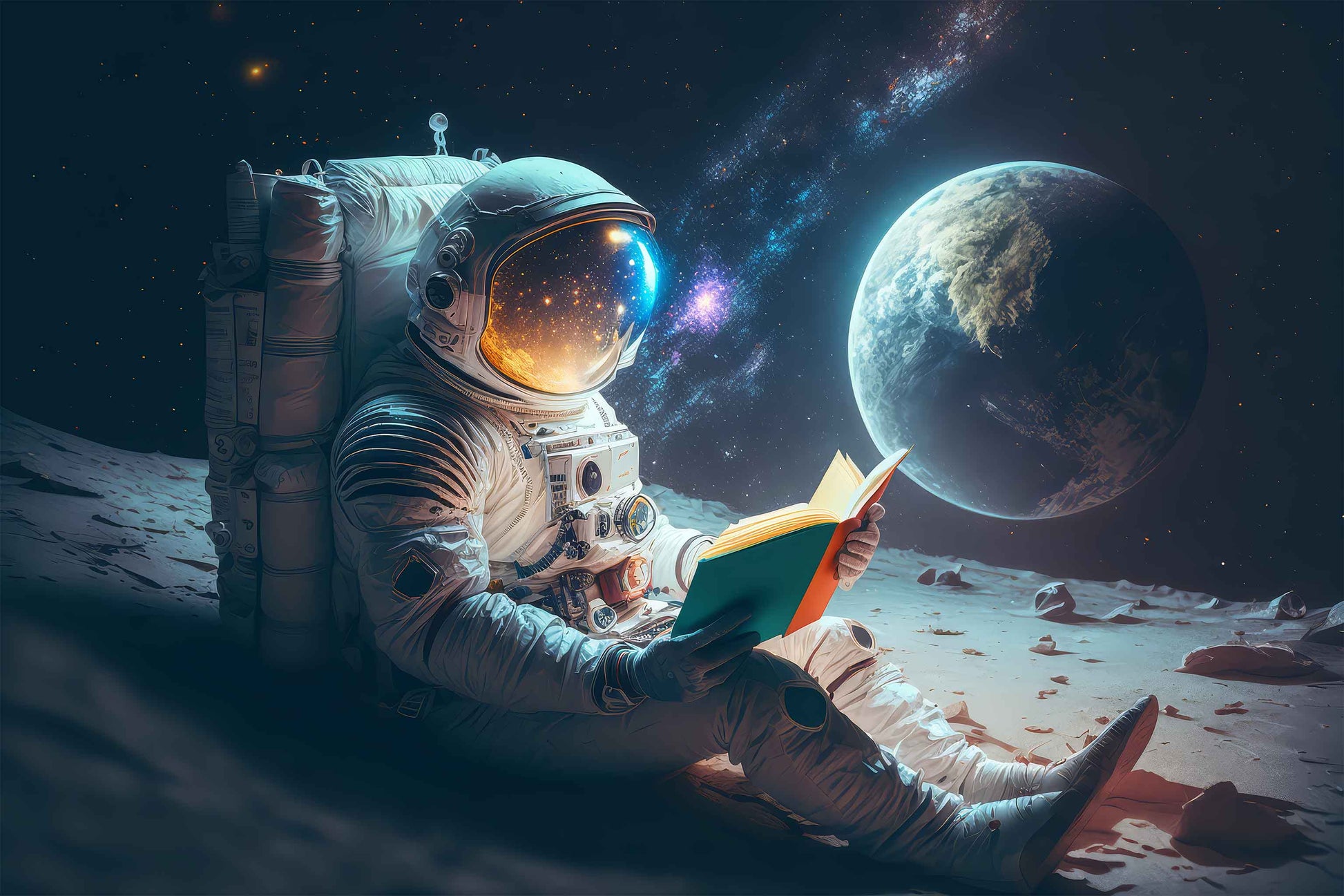 1946x1297 Astronaut Reading a Book on the Moon Wallpaper