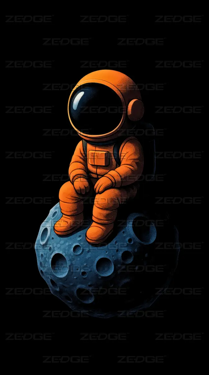 673x1206 cute astronaut in orange suit sitting on moon rock wallpaper
