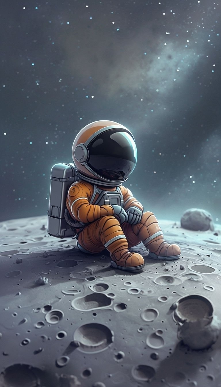 768x1344 Contemplative Cartoon Astronaut on Moon Surface Mobile Wallpaper