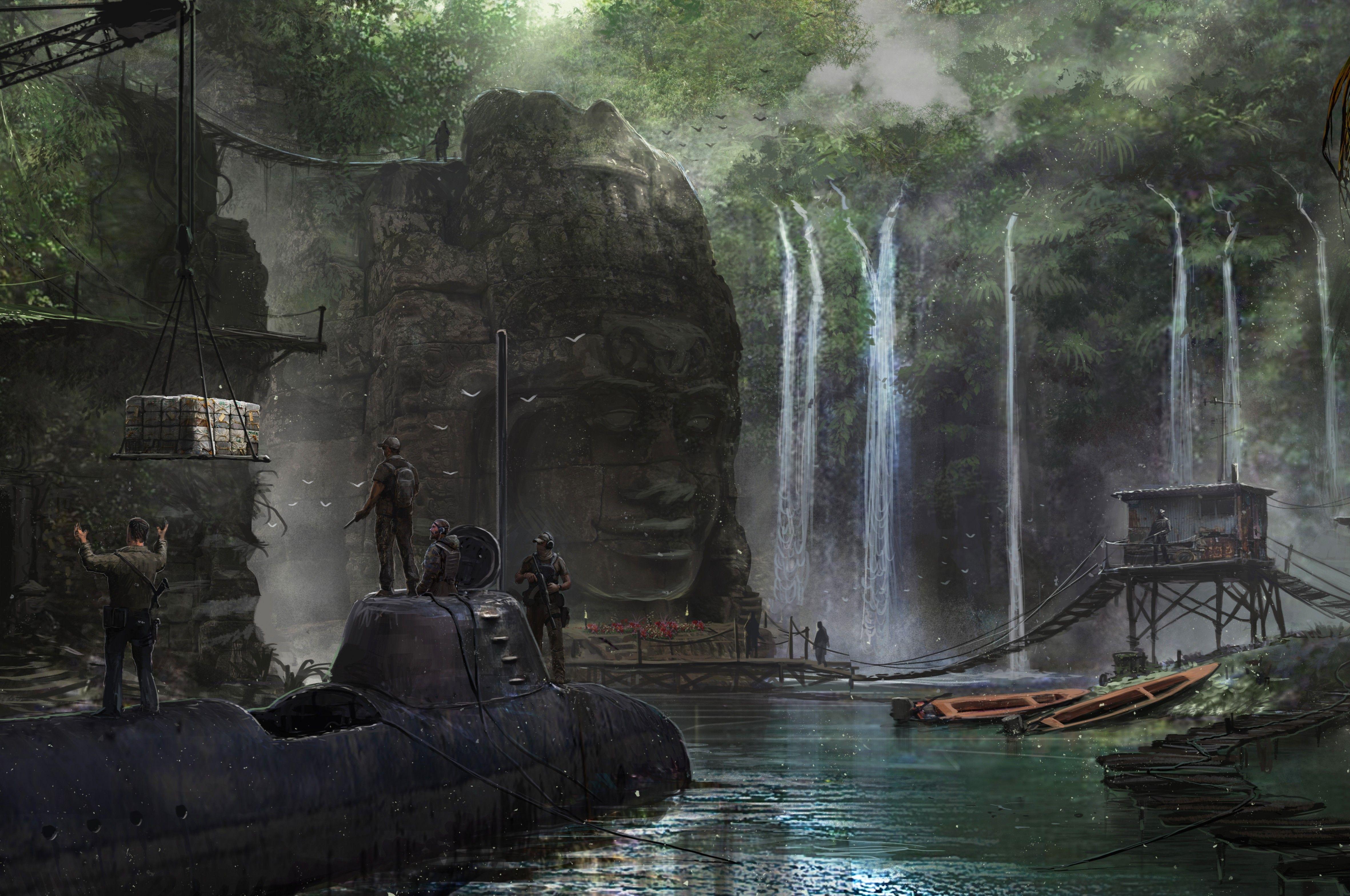 4724x3138 Download 4724x3138 Submarine, Waterfall, Nature, People, Sci Fi