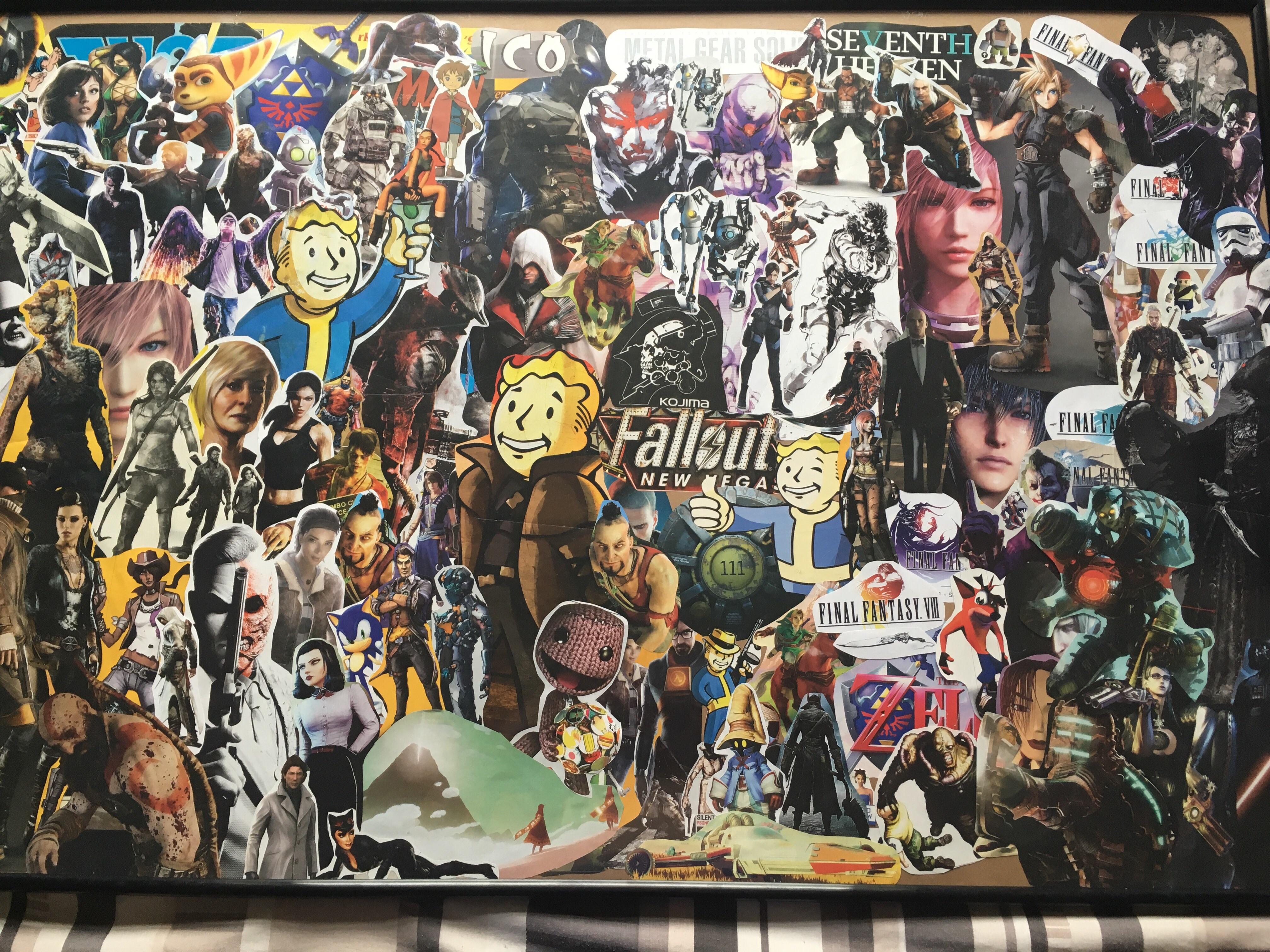 4032x3024 My boyfriend and myself created this gaming collage by painstakingly cutting out hundreds of picture from old gaming magazines. What's your favorite characters that you've spotted?