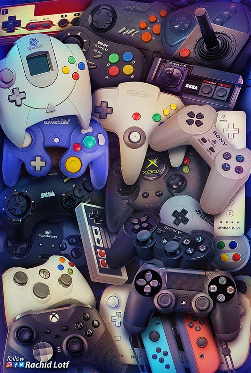 850x1262 Consoles Controllers, Rachid Lotf, retro gaming ps4 HD phone wallpaper