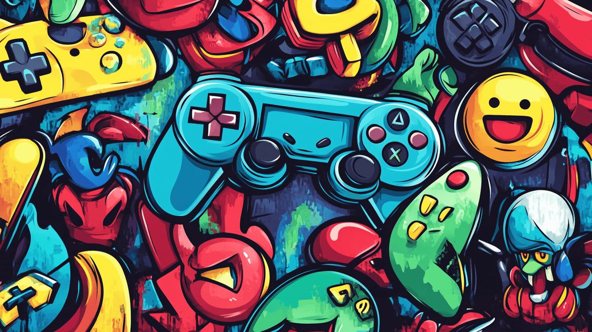 1214x680 Gaming Mural Wallpaper. Colorful Retro Controller Graffiti