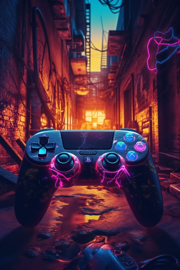 736x1104 Retro Neon Gaming: PlayStation Controller Poster with Brick Alleyway Vibes