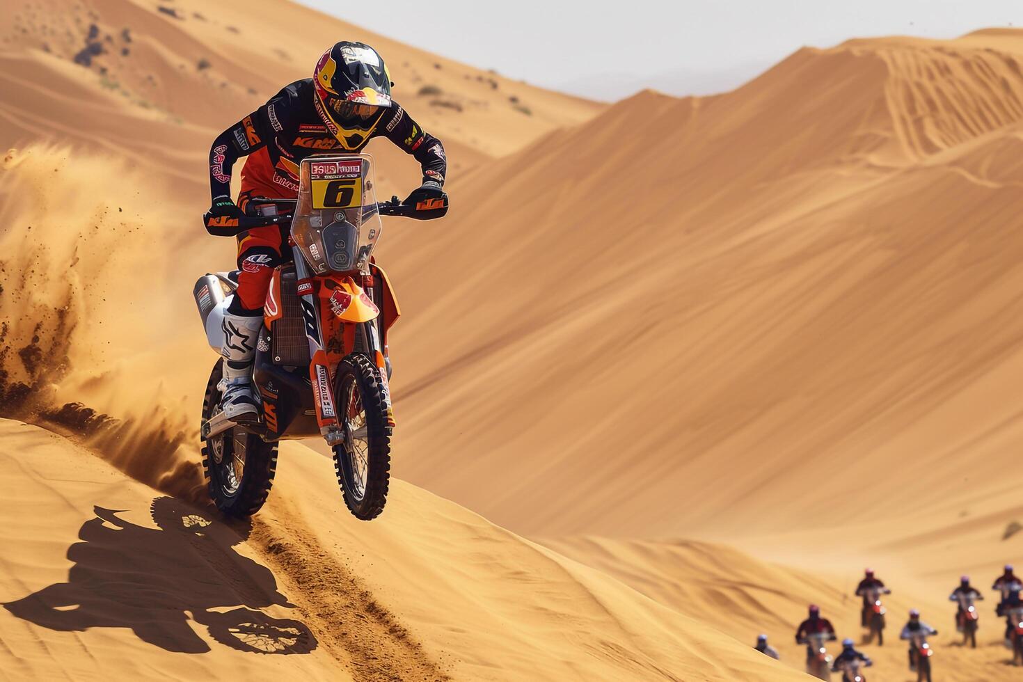 1470x980 Sports Speed Dirt Bike Rider Jumping Over Sand Dune in Desert Rally Race with Competitors in the Background