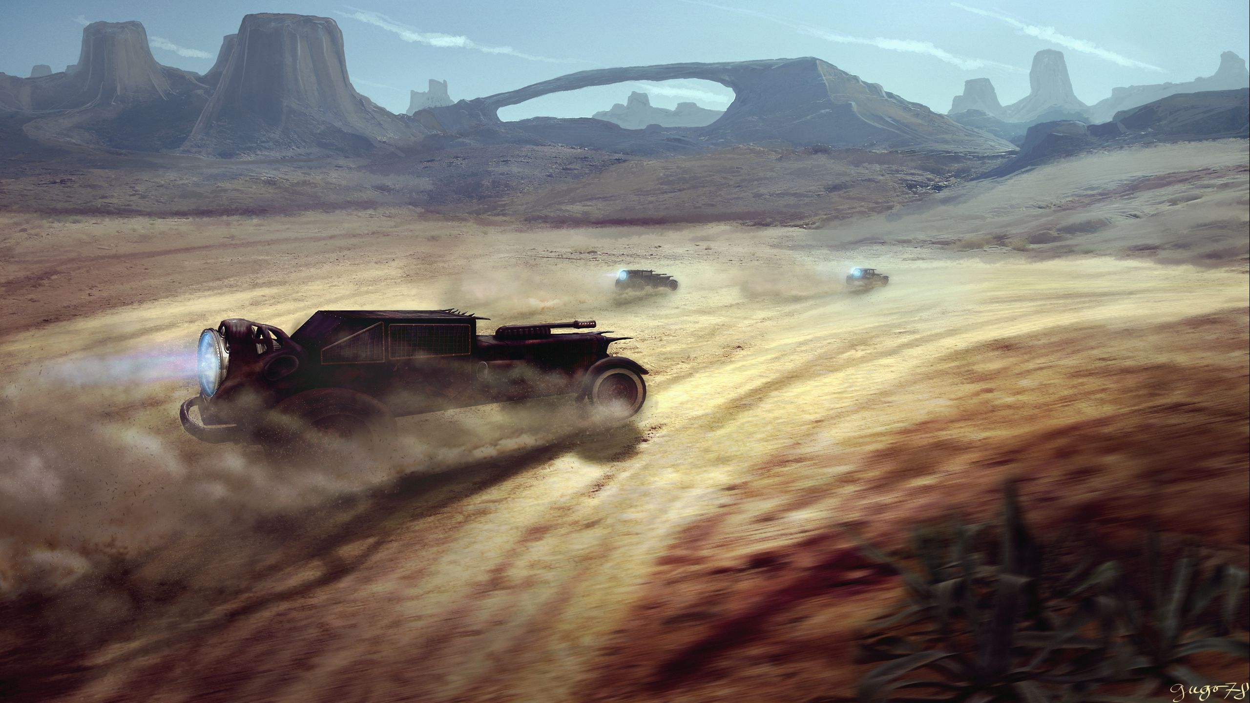 2560x1440 Futuristic Desert Race: Sci Fi Vehicles Clash In Epic Landscape