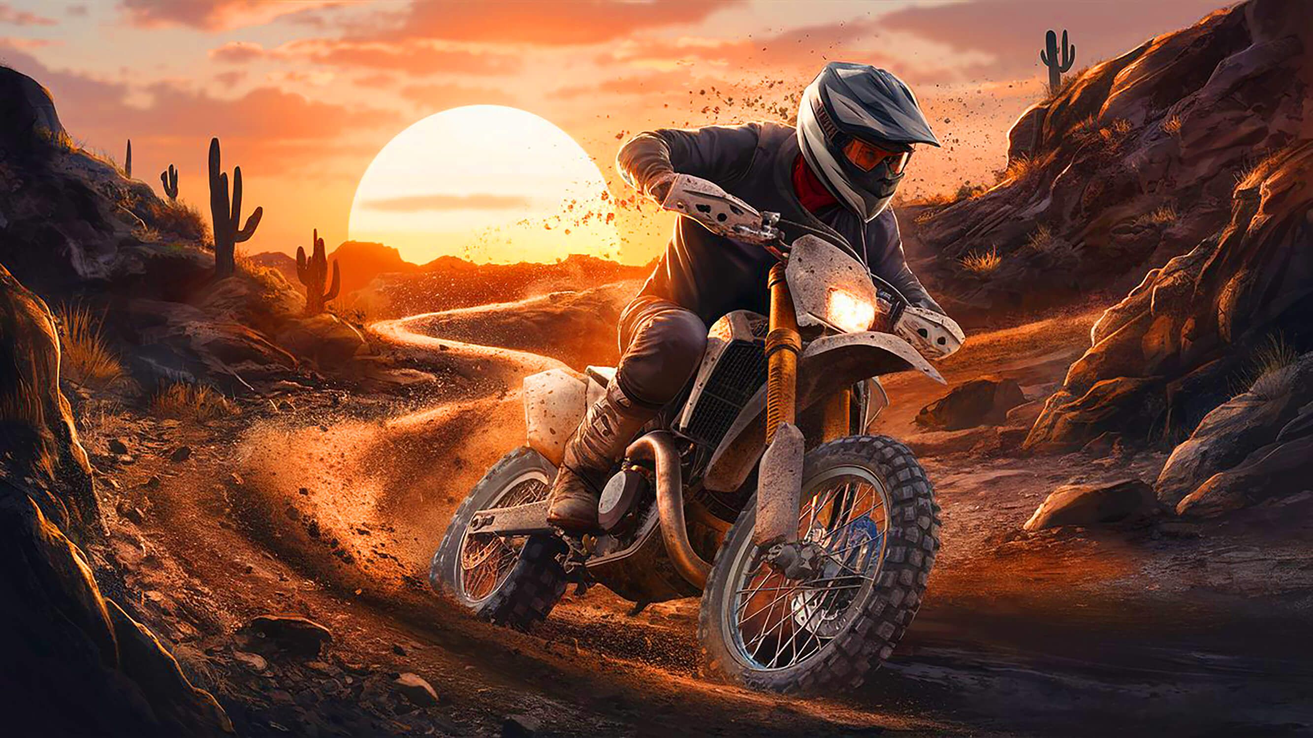 2667x1500 Desert Motocross Mural Wallpaper. Sunset Adventure Scene