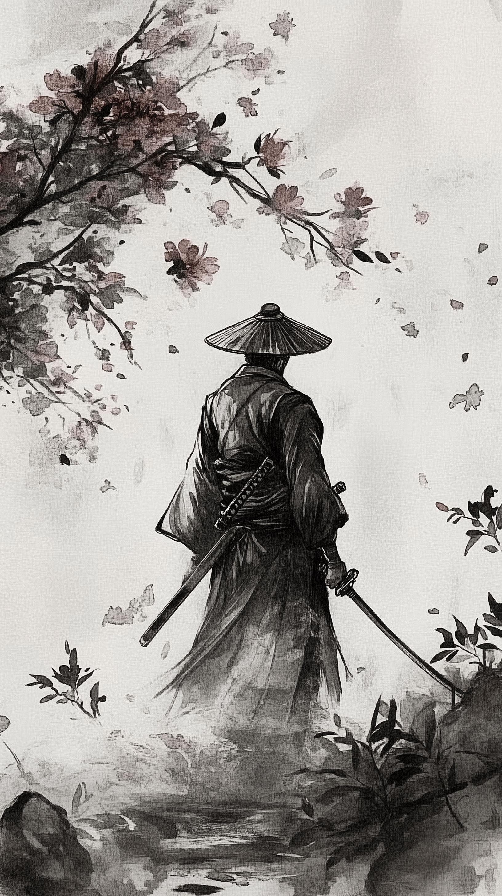 1632x2912 Samurai Elegance: Black & White Japanese Art Wallpaper
