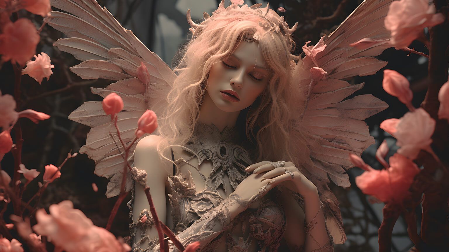 1536x864 Angelcore Girl & Flowers Desktop Wallpaper