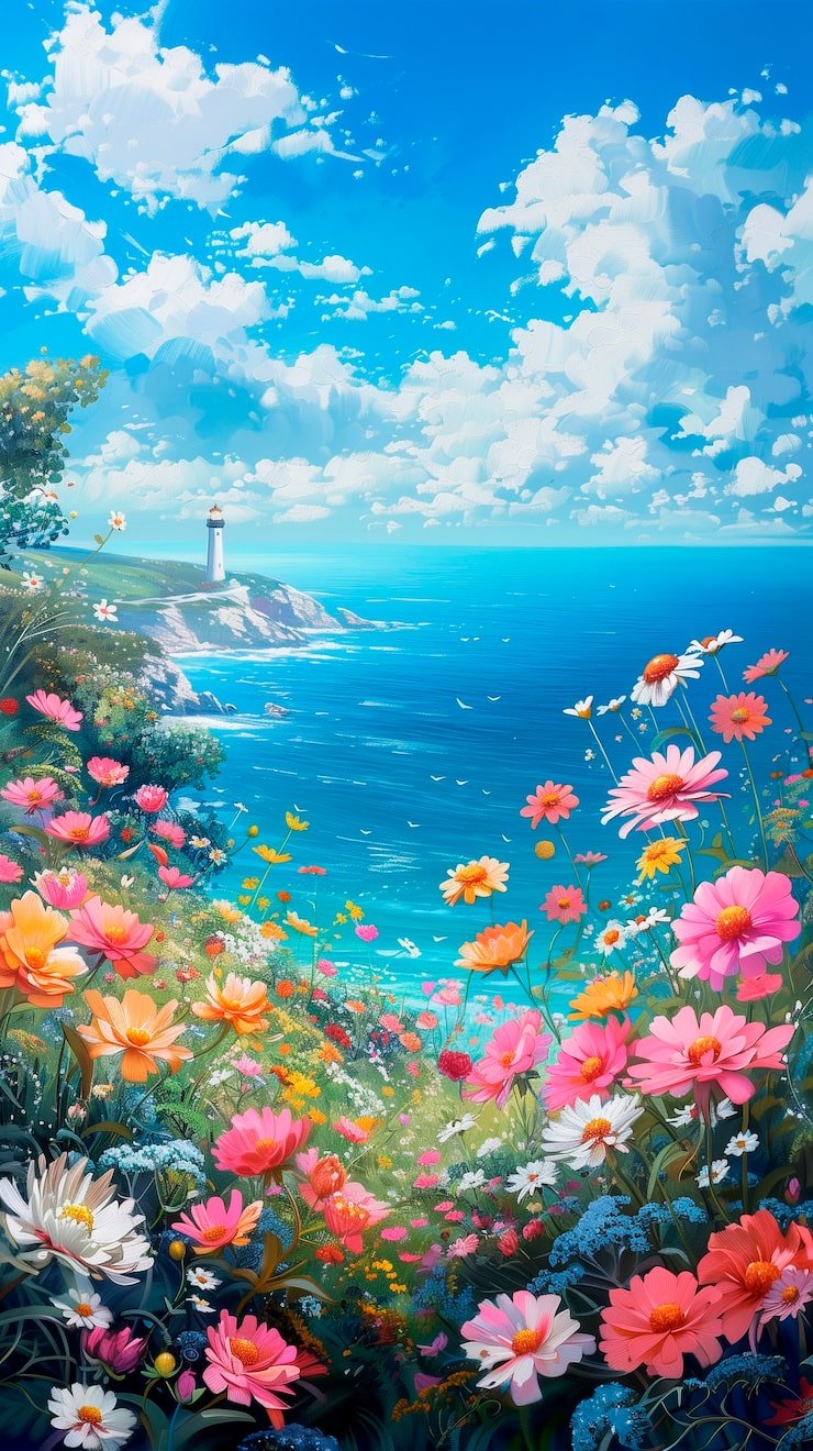 740x1320 Ocean with flowers Image