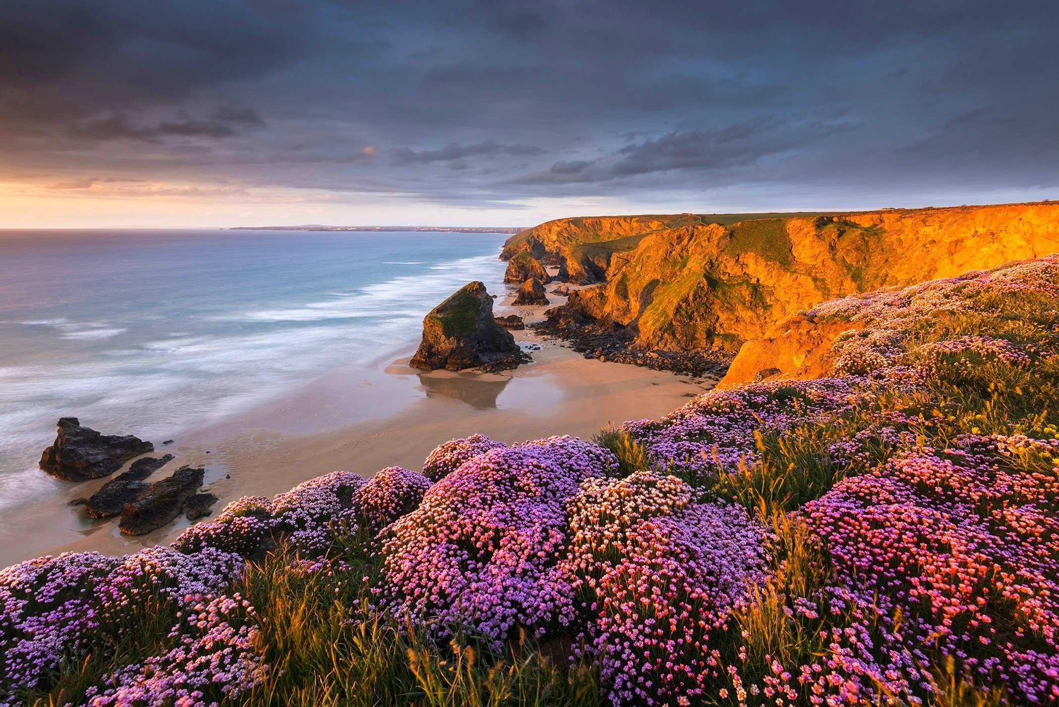 2100x1402 coast, Beach, Flowers, Sunset, Sand, Sea, Cliff, Clouds, Rock, Nature, Landscape Wallpaper HD / Desktop and Mobile Background