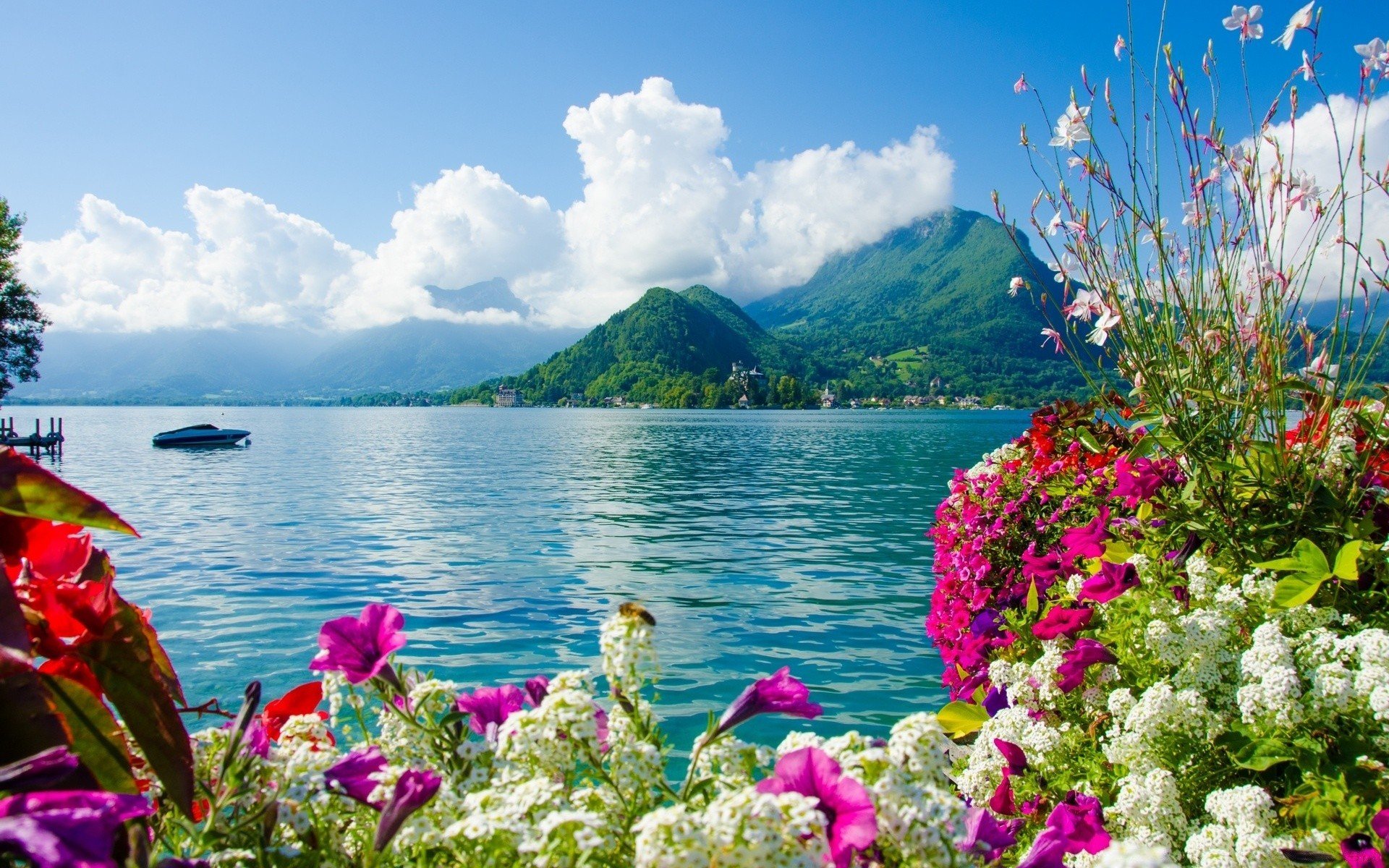 1920x1200 An island with blue water on a background of flowers