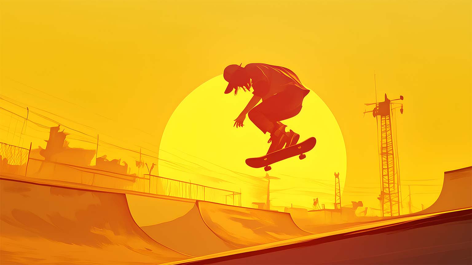 1536x864 Sunset Skater Kickflip Desktop Wallpaper in HD & 4K