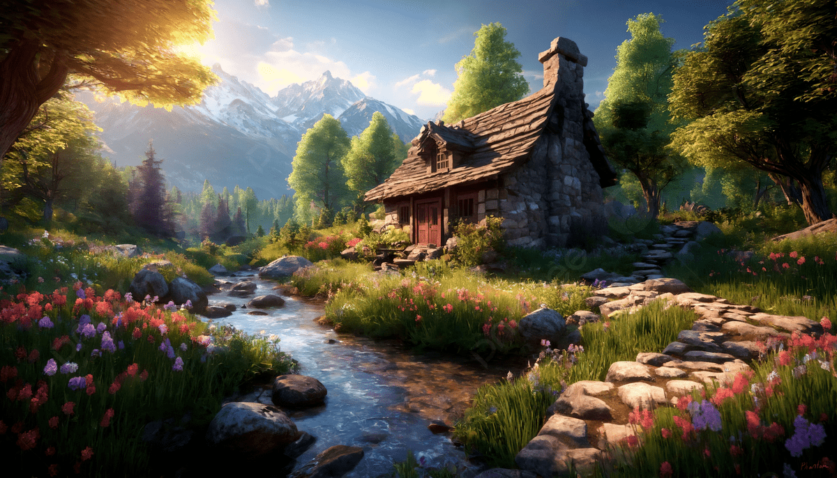 1200x686 Beautiful Cozy Fantasy Stone Cottage In A Spring Forest Aside Cobblestone Path, Cottage, Fantasy, Cozy Background Image And Wallpaper for Free Download