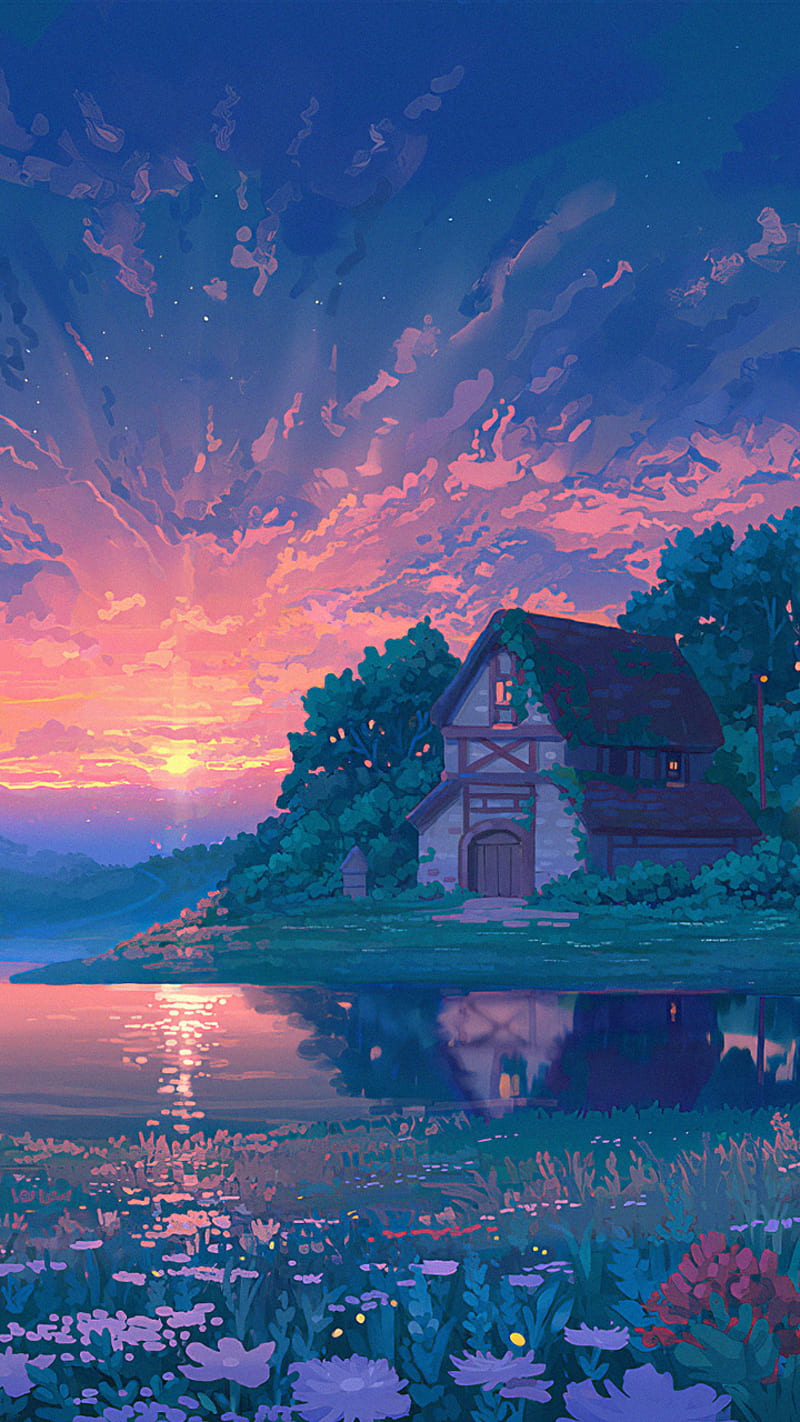 800x1422 Nature Full, fantasy, house, lake, sunset, HD phone wallpaper