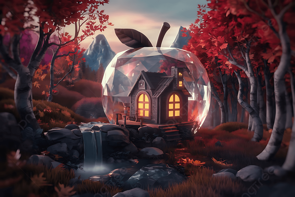 1200x800 Cozy Cottage Inside A Crystal Apple In Fall Landscape, Crystal Apple Cottage, Surreal Autumn Art, Magical Realism Background Image And Wallpaper for Free Download