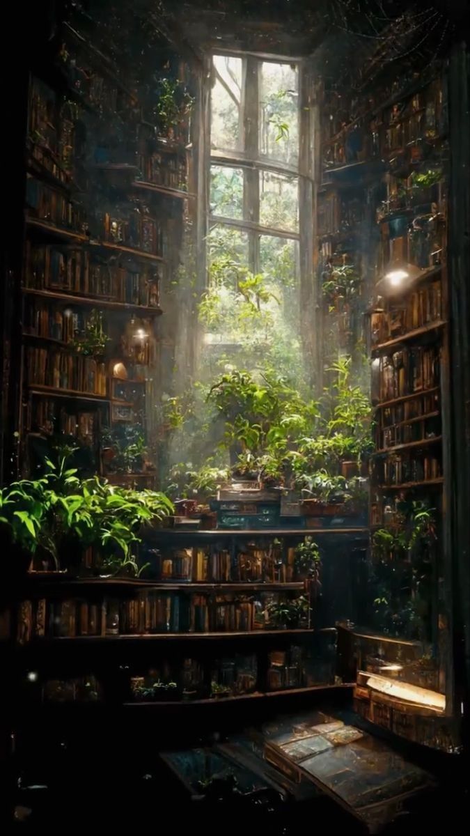 675x1200 Cozy Fantasy Room with Green Plants and Bookshelves