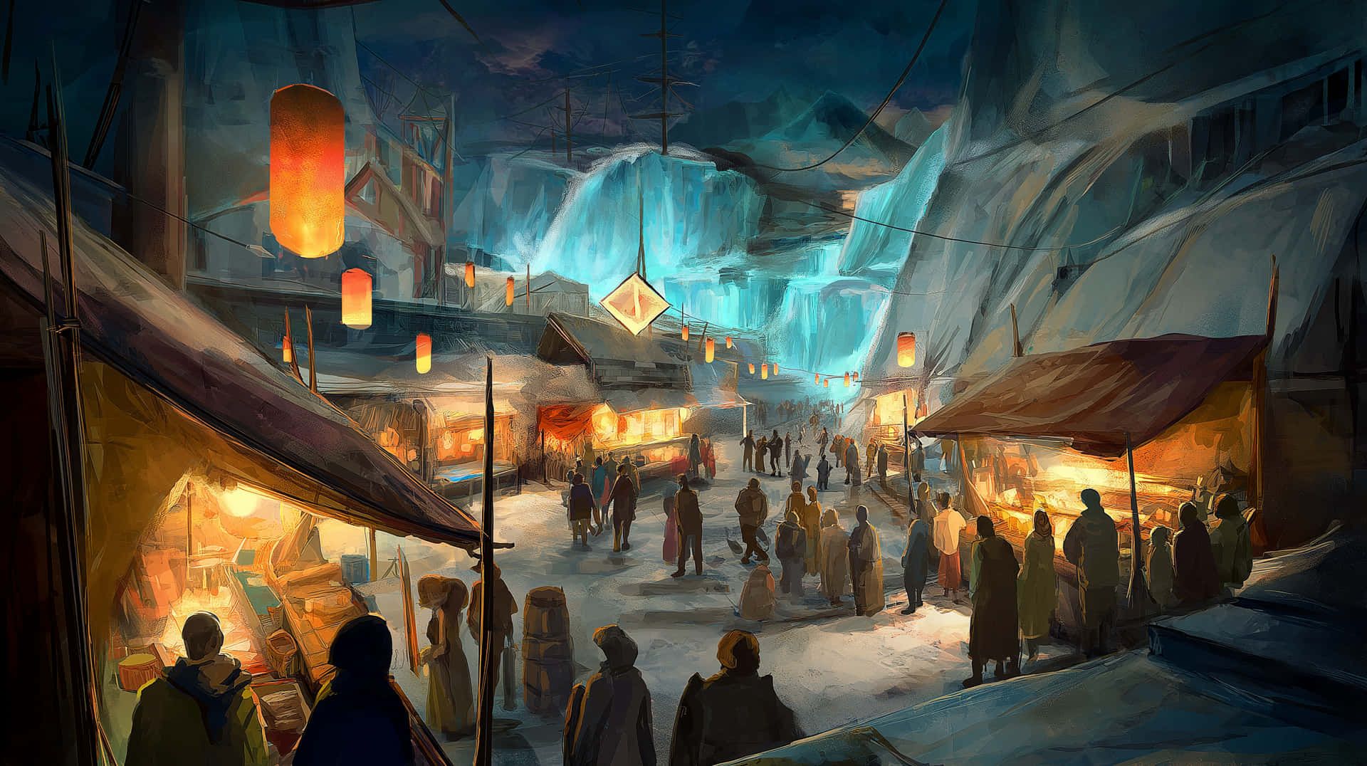 1920x1076 Download Cozy Night Market In A Snowy Canyon City With Lanterns Wallpaper