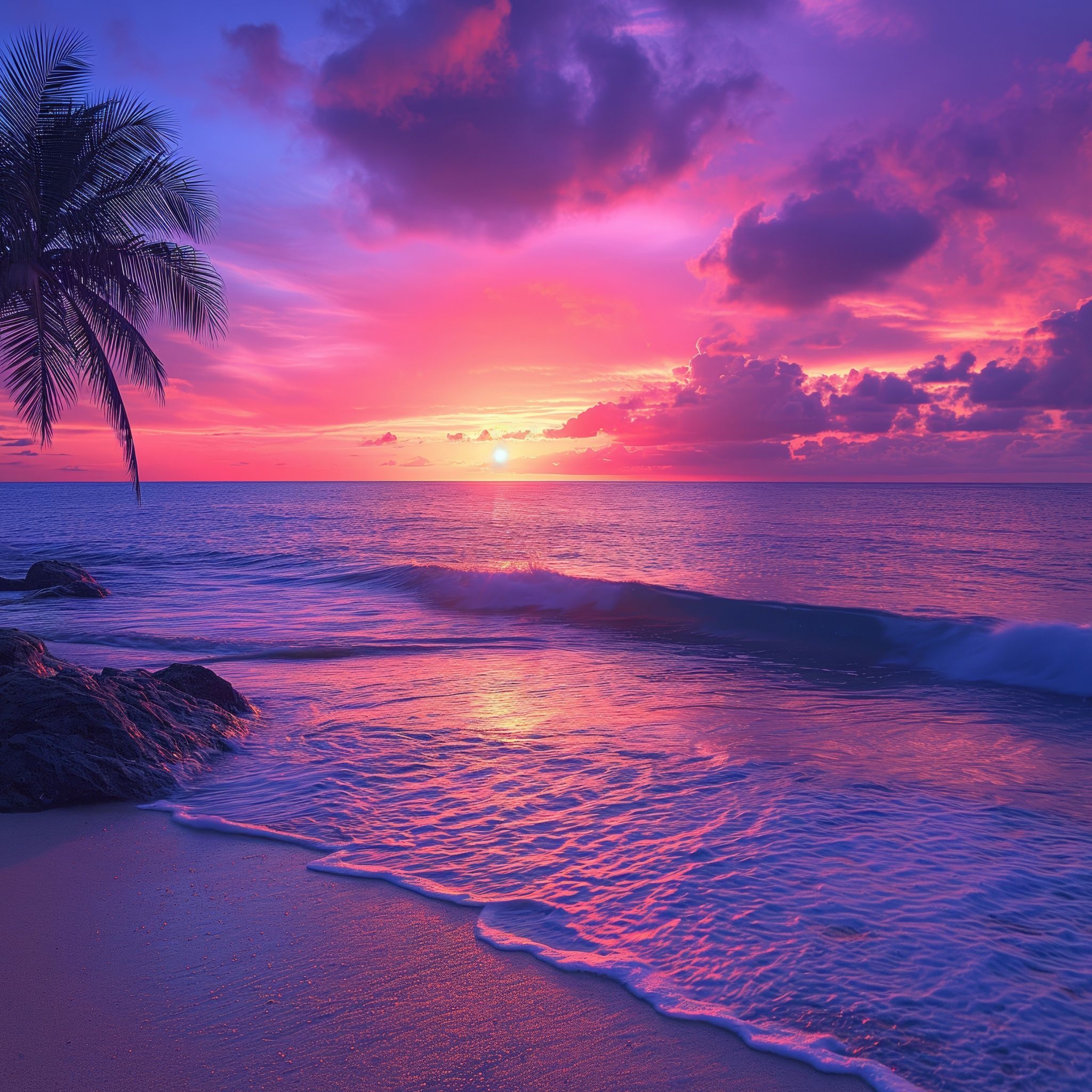 2048x2048 Tropical beach Wallpaper 4K, Aesthetic, Sunset, Purple sky