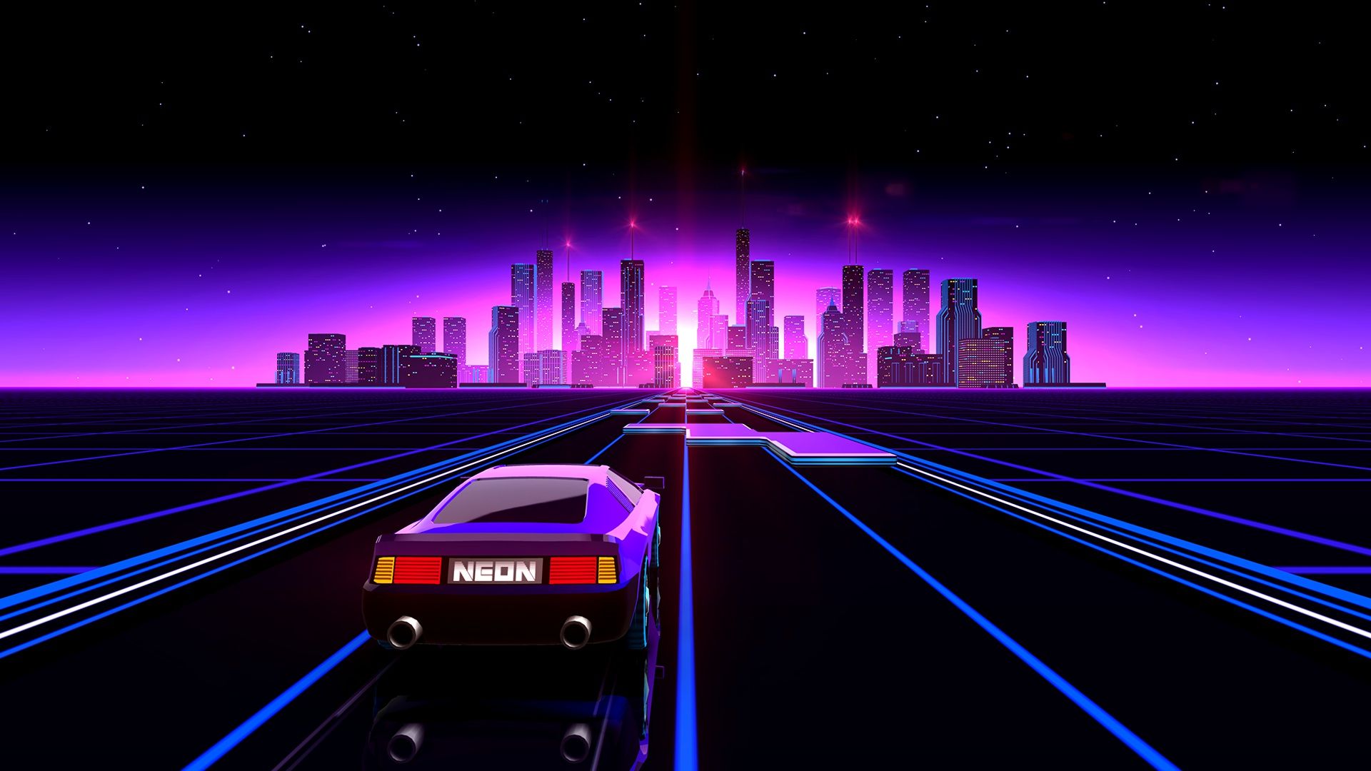 1920x1080 Wallpaper road, machine, stars, night, the city, neon, Electronic, Synthpop for mobile and desktop, section игры, resolution 1920x1080
