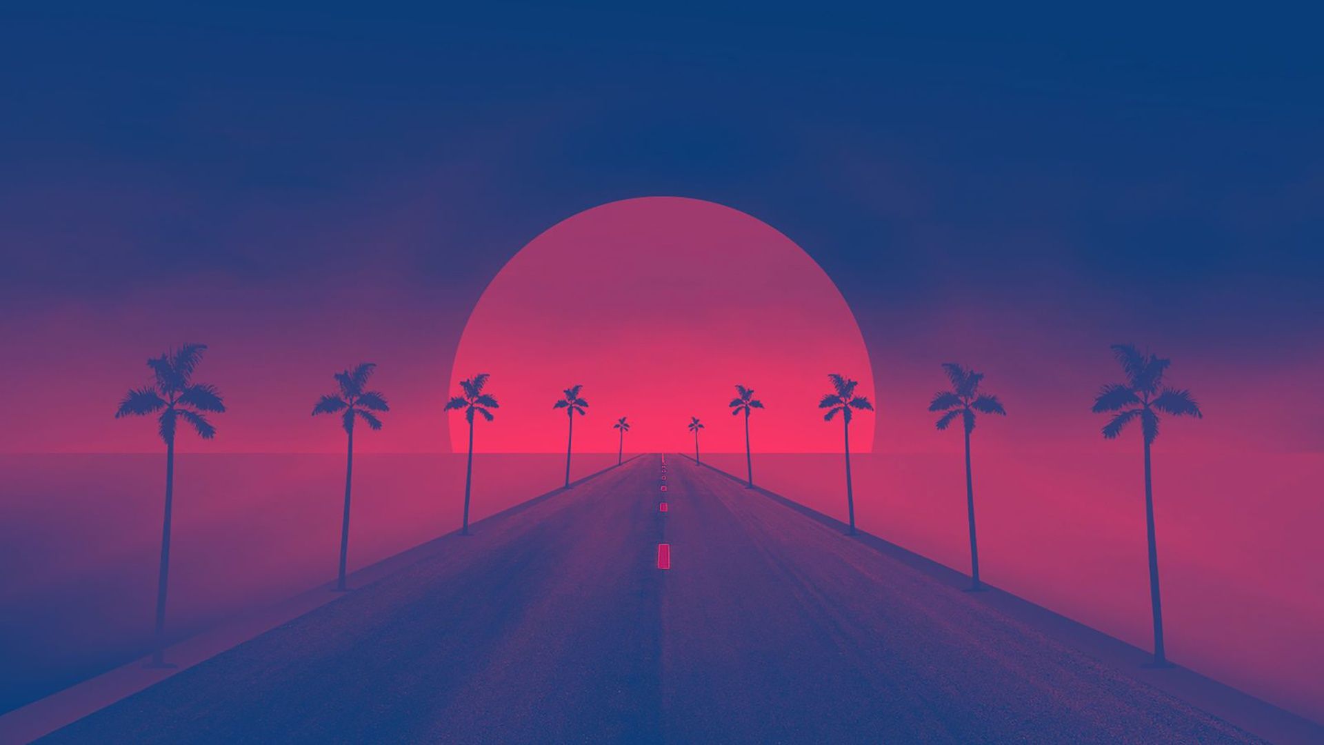 1920x1080 Wallpaper road, the sun, sunset, palm trees, Synthpop, Darkwave, Synth, Retrowave for mobile and desktop, section минимализм, resolution 1920x1080