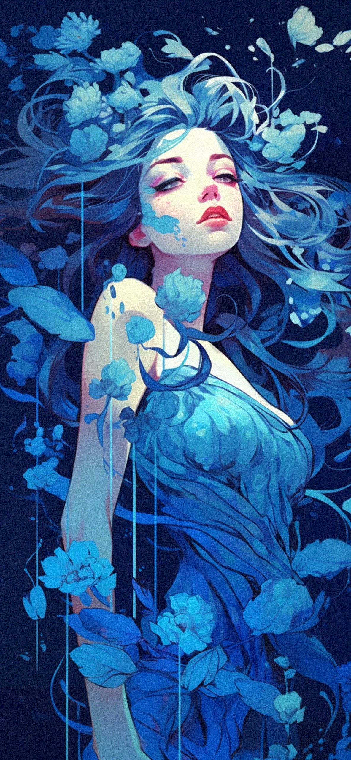 1183x2560 Mysterious Girl Blue Art Wallpaper Blue Wallpaper HD