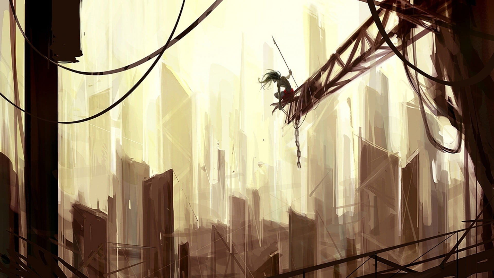 1920x1080 Spear wielder on metal truss looking at urban city digital wallpaper, fantasy art HD wallpaper