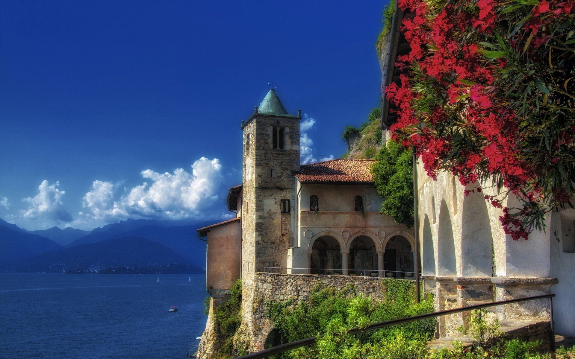 1920x1200 Download Monastery Lake Lombardy Italy Mountain Man Made Villa HD Wallpaper