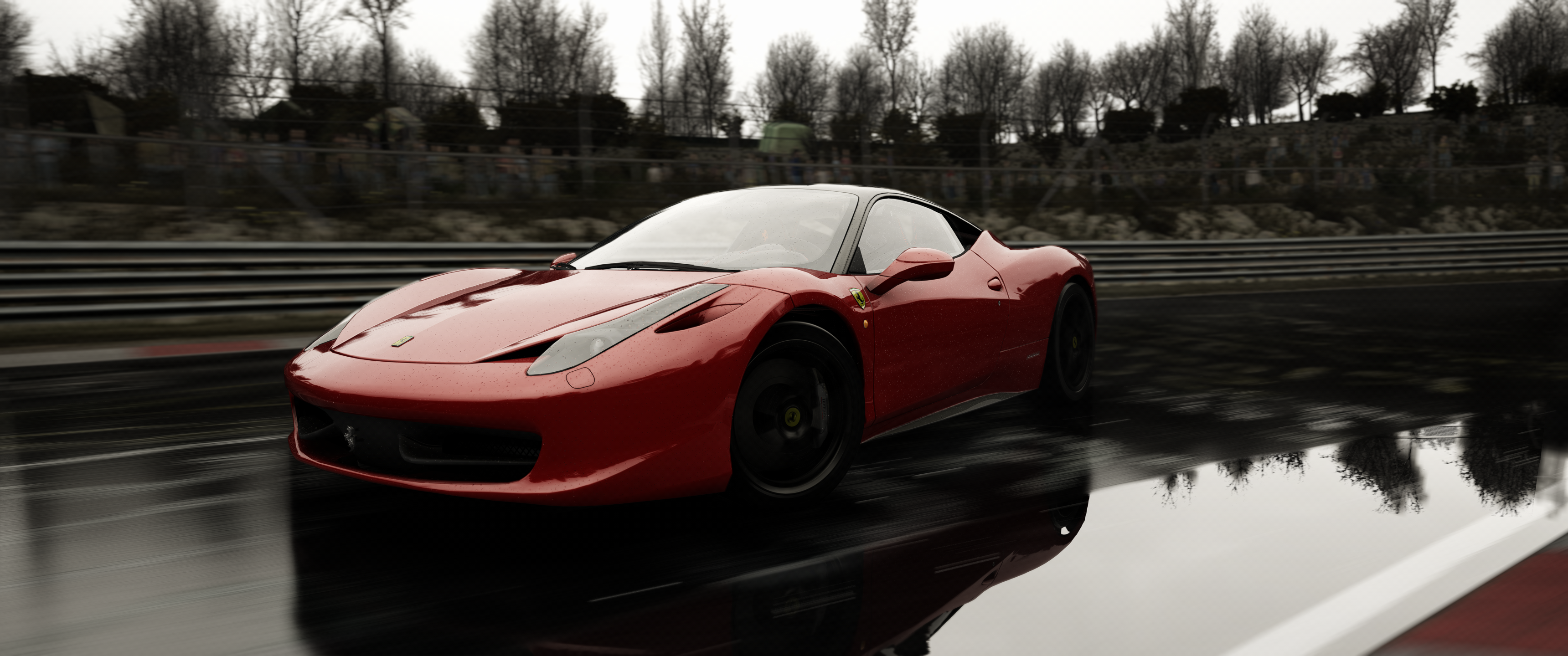 3440x1440 Ferrari 458 in the rain on the Ring