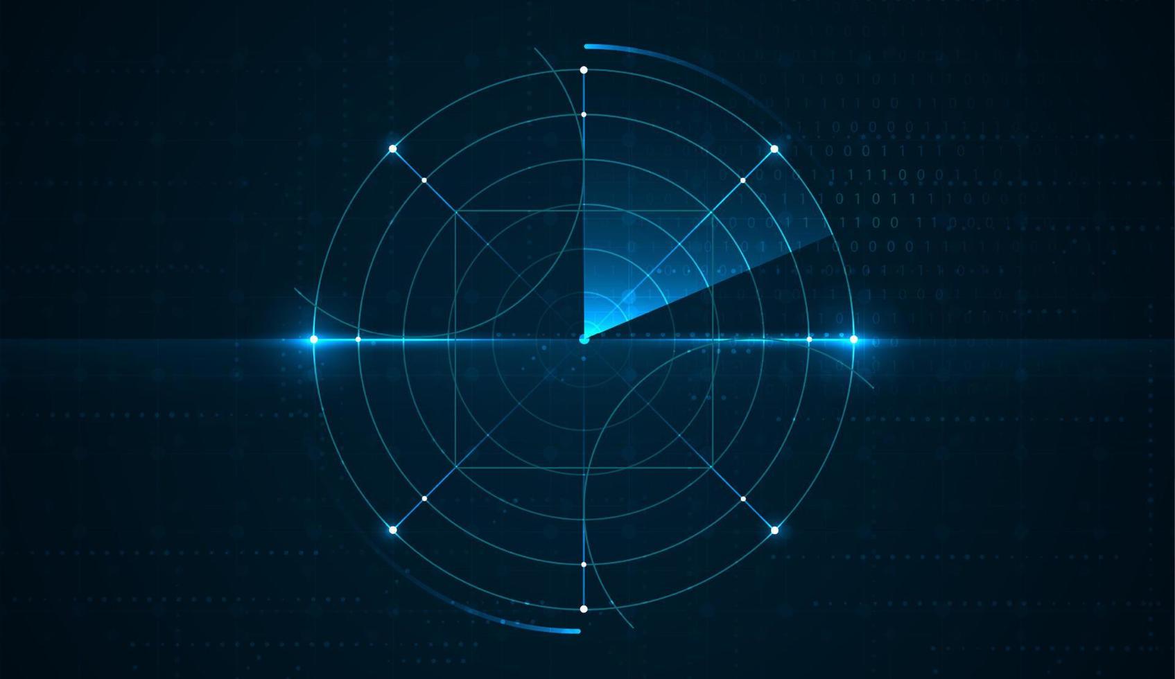 1695x980 Technological and digital future user interface hud with spinning circles on dark blue background. Realistic radar with targets on monitor in searching. vector illustration design