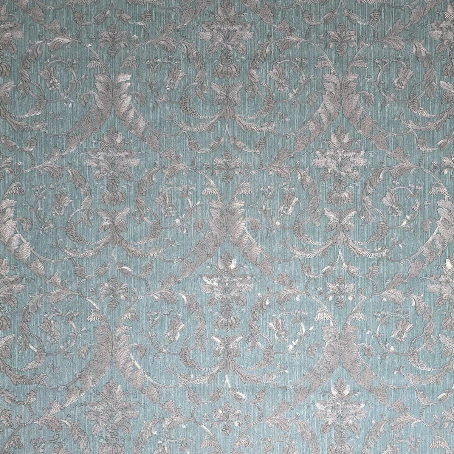 1523x1523 M13043 Turquoise blue green gray pearl Victorian damask faux fabric textured Wallpaper