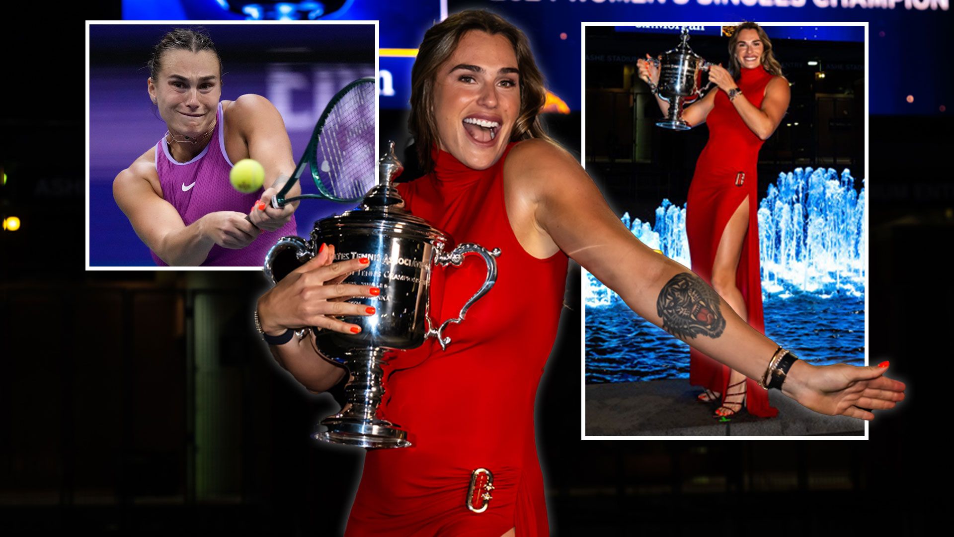 1920x1080 New US Open champ Aryna Sabalenka stuns in bold red dress and shows off amazing tattoo after win over Jessica Pegula
