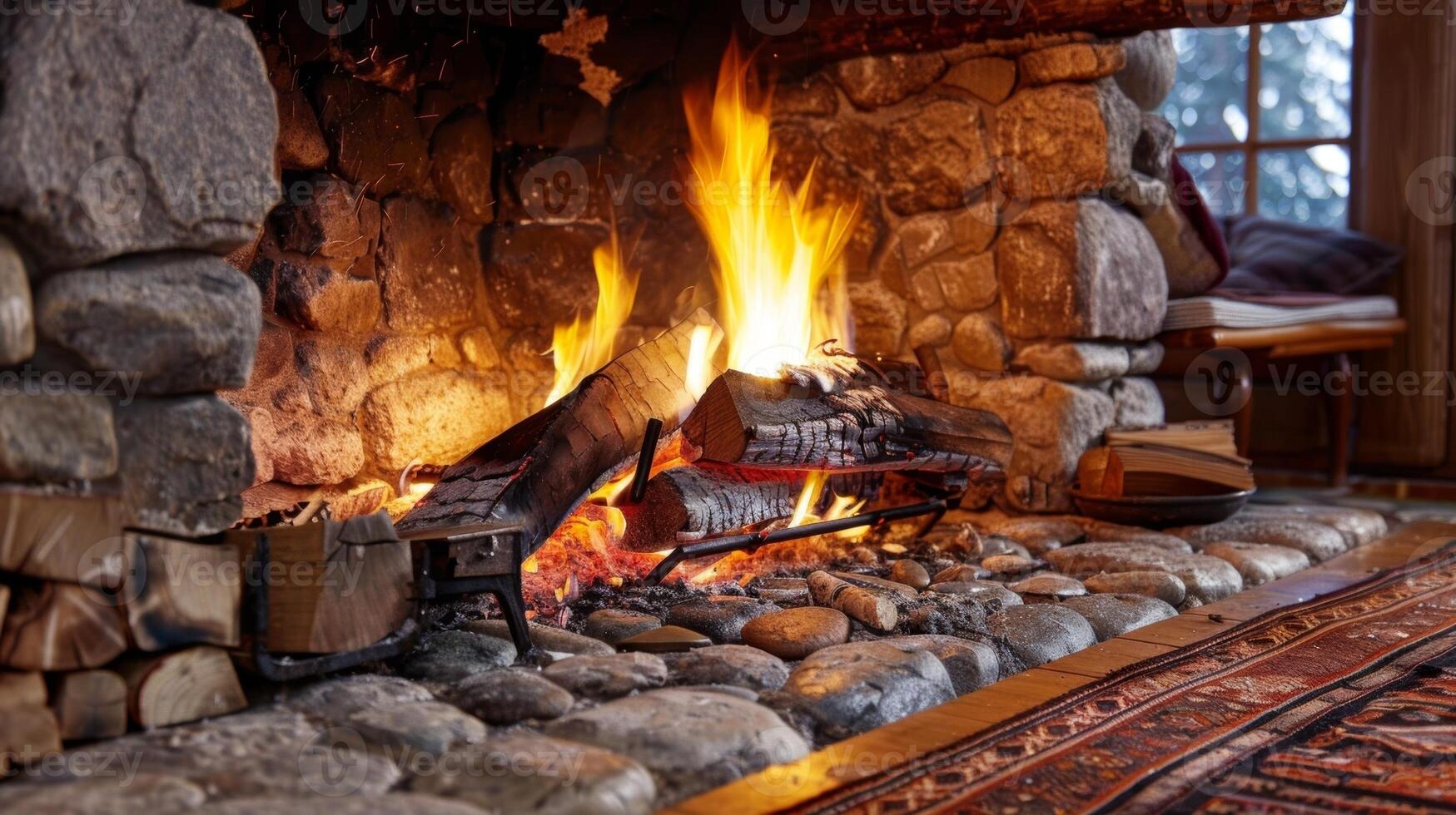 1749x980 A crackling fire dances in the rustic fireplace bringing a sense of charm and relaxation to the countrystyle living room. 2d flat cartoon